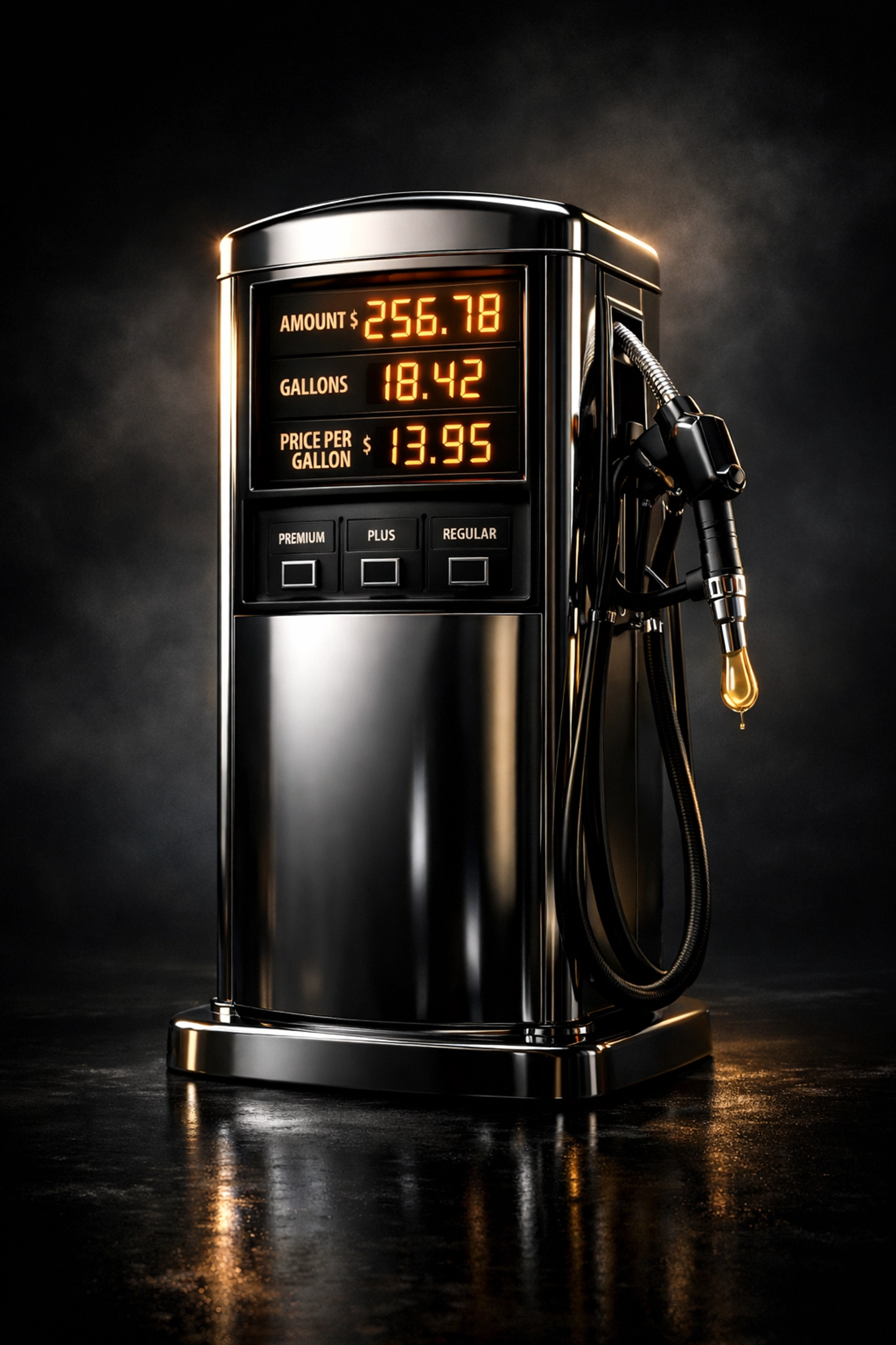 Chrome gas pump with a drop of liquid gold, representing high fuel prices and rising oil costs.