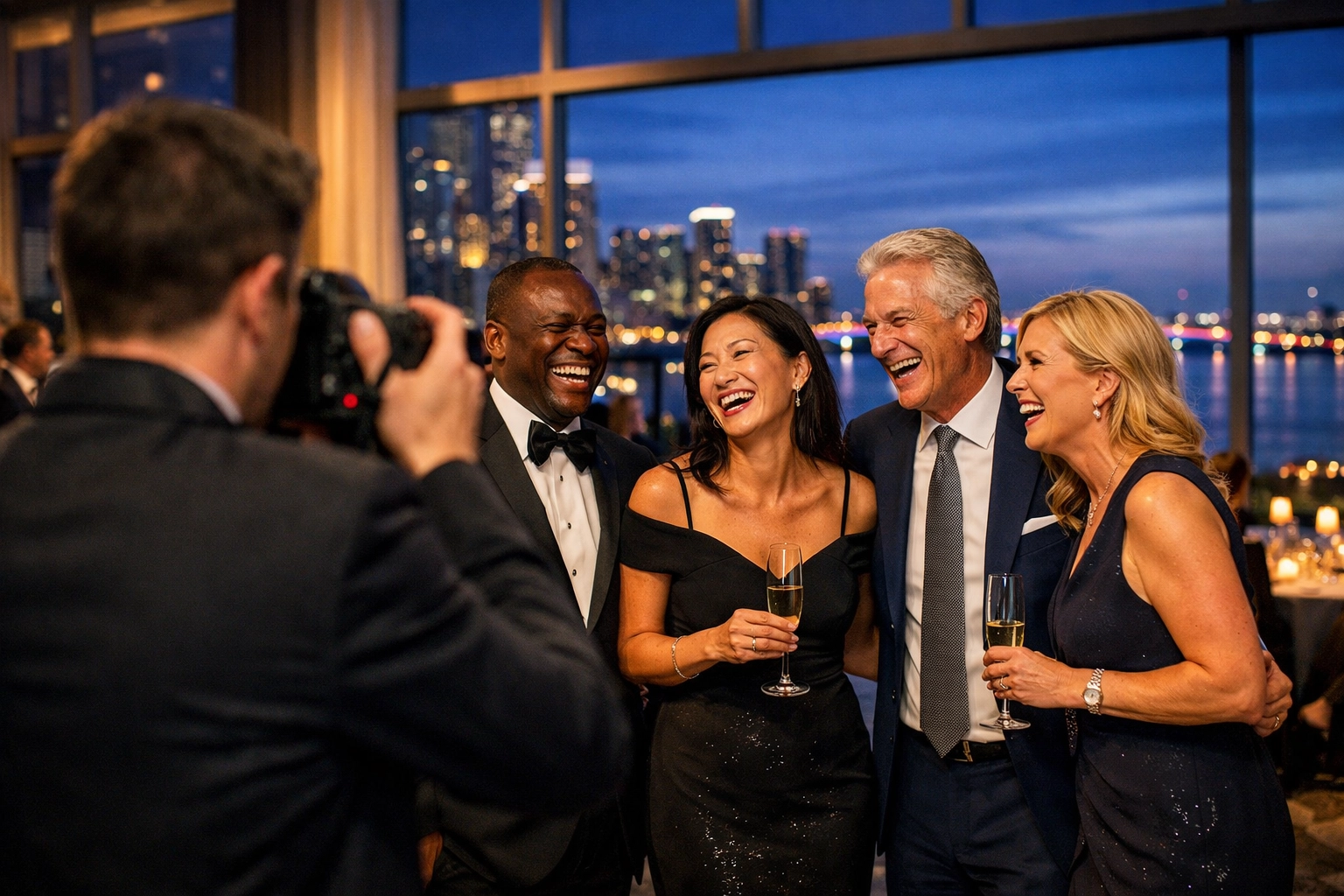 Miami event photographer capturing candid moments at a high-end corporate gala overlooking Biscayne Bay.