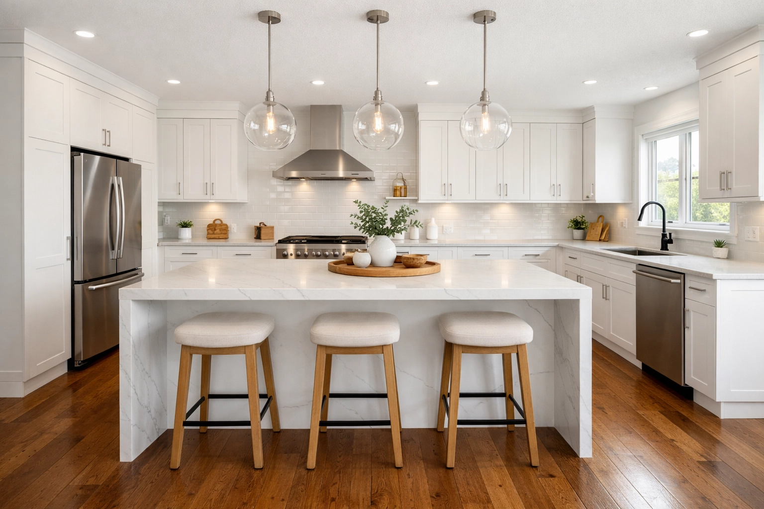 A bright, modern kitchen renovation in Red Deer with a white waterfall island and quartz countertops.