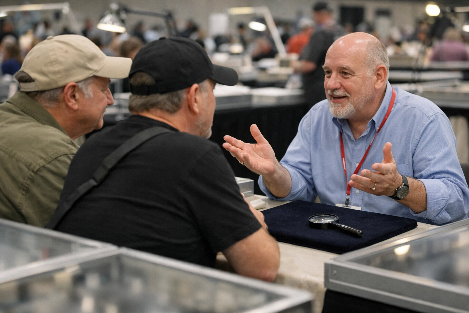 Collectors and dealers interact at a large coin show bourse floor inside a convention center.