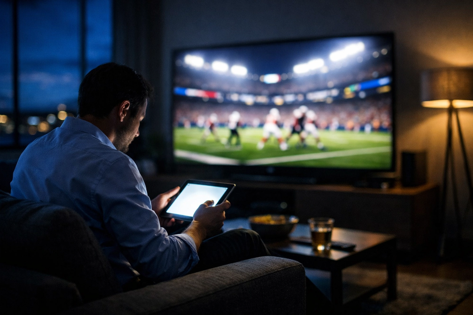 Viewer using a tablet and TV simultaneously, demonstrating multi-screen sports media engagement.
