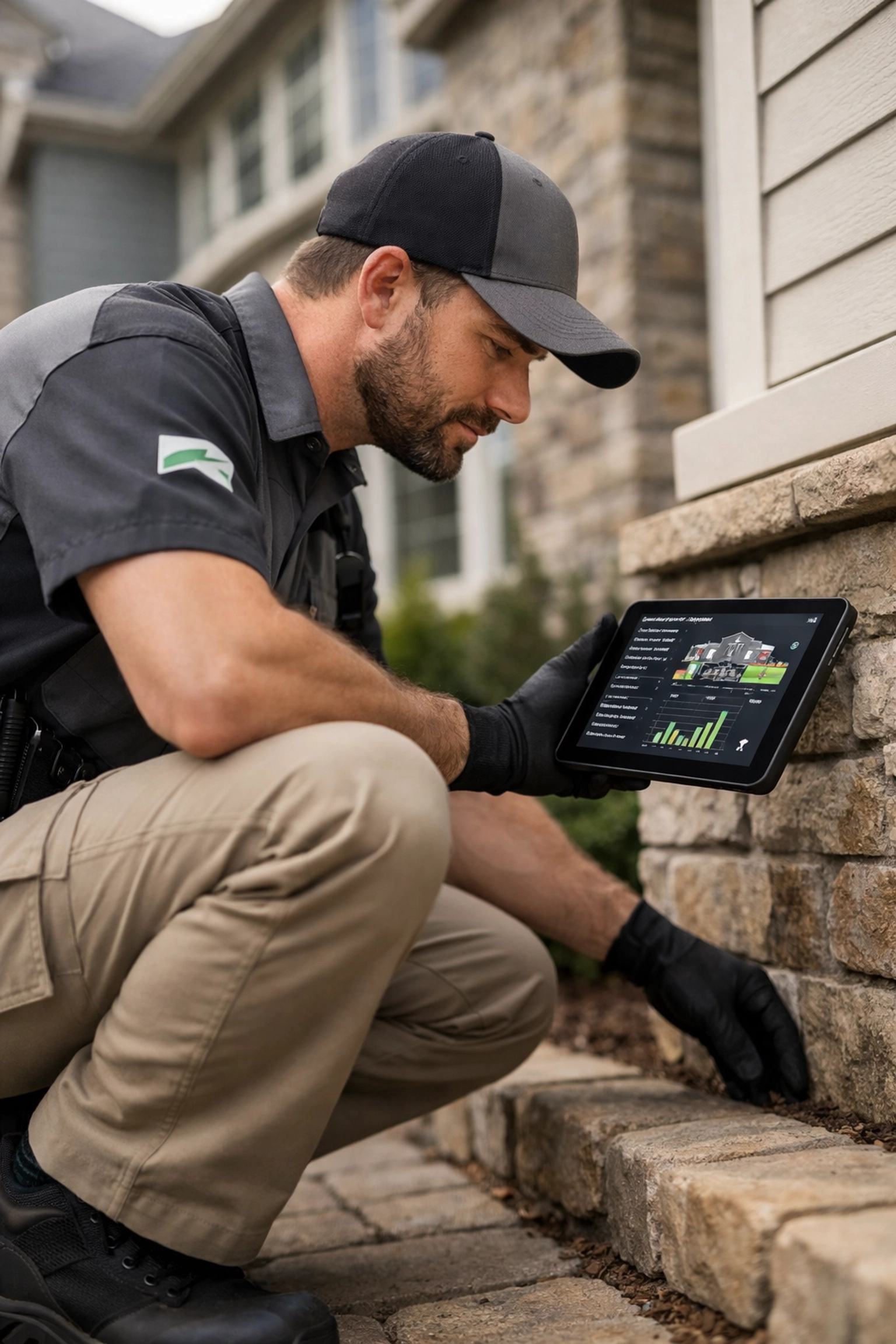 Pest control technician inspecting home foundation with tablet for digital marketing optimization