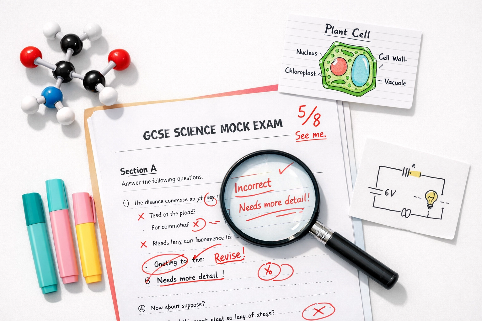 GCSE science mock exam paper with revision materials highlighting areas for improvement