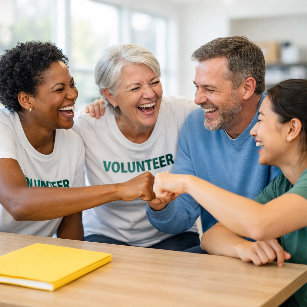 A diverse group of happy nonprofit volunteers sharing a moment of connection and community impact.