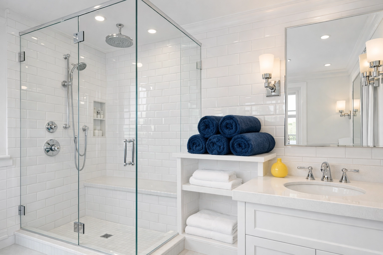 Sparkling clean luxury bathroom highlighting professional deep cleaning services in a Massachusetts home.