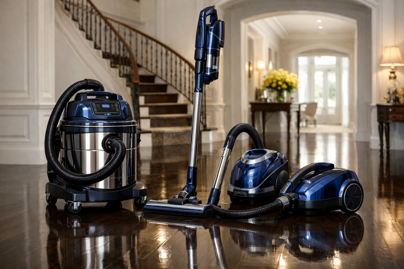 High-end HEPA vacuum equipment in a grand manor hallway for luxury house cleaning in Chestnut Hill.