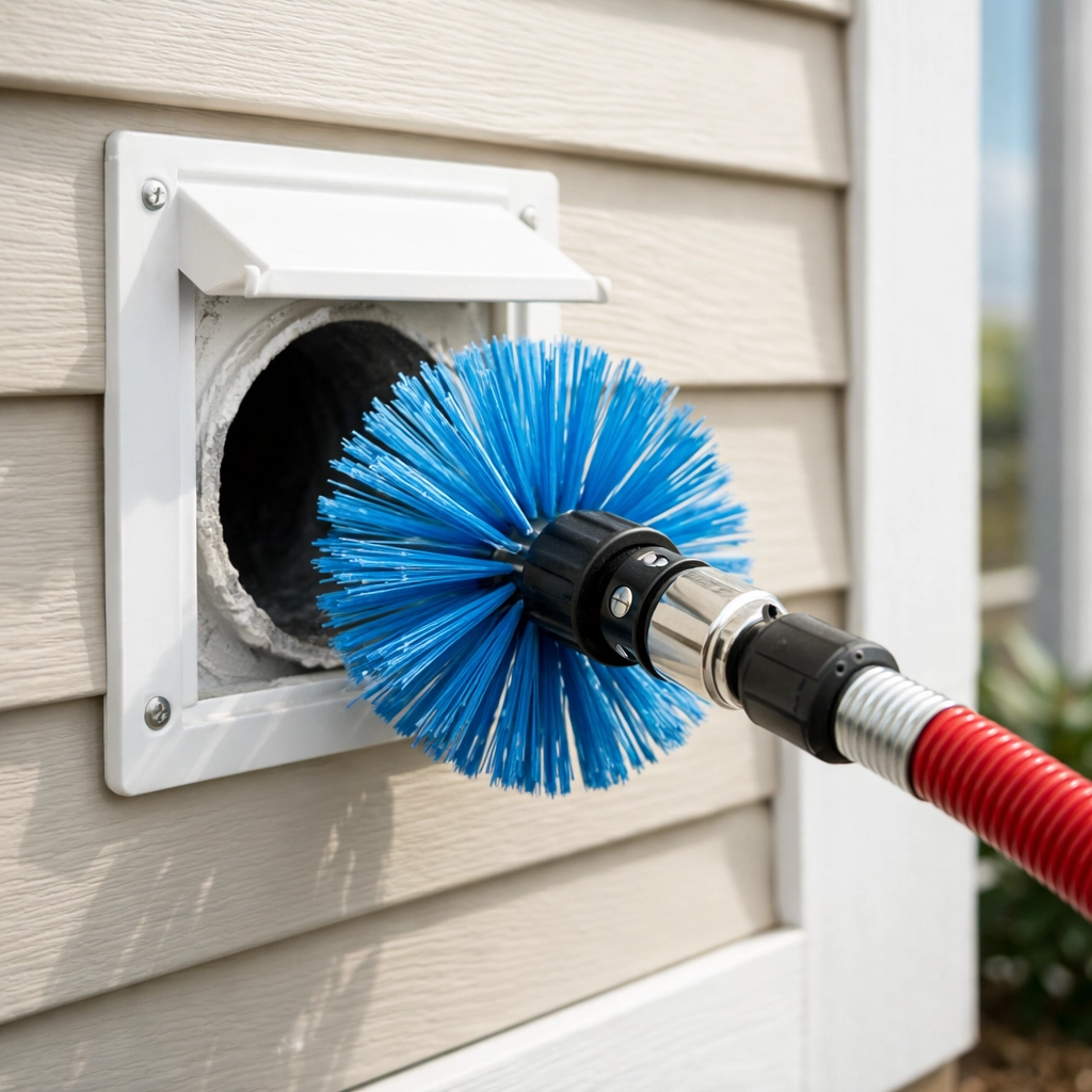 Professional rotary brush cleaning a home's exterior dryer vent to improve efficiency in Rockford, IL.