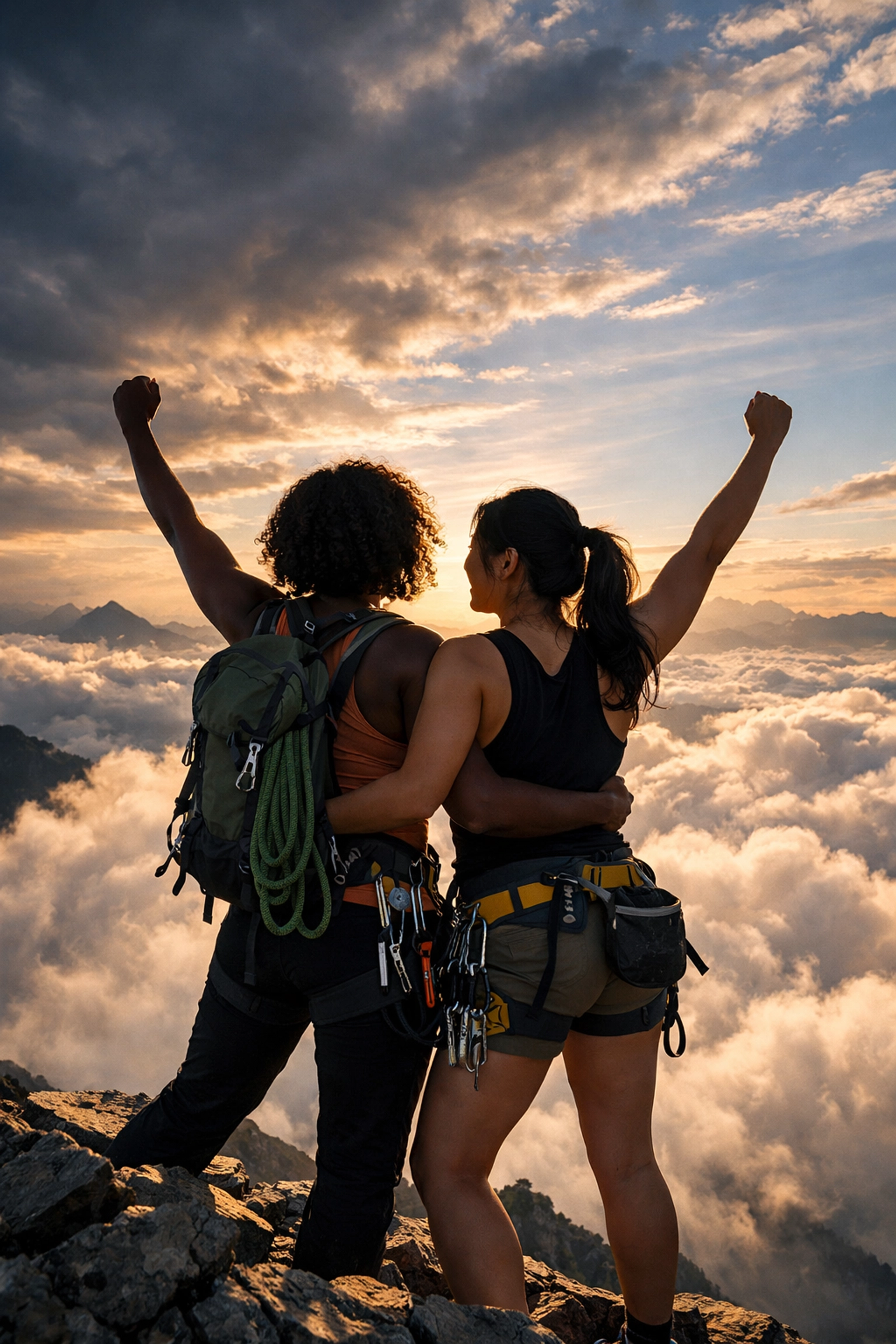 Lesbian couple celebrating at mountain summit after successful climb