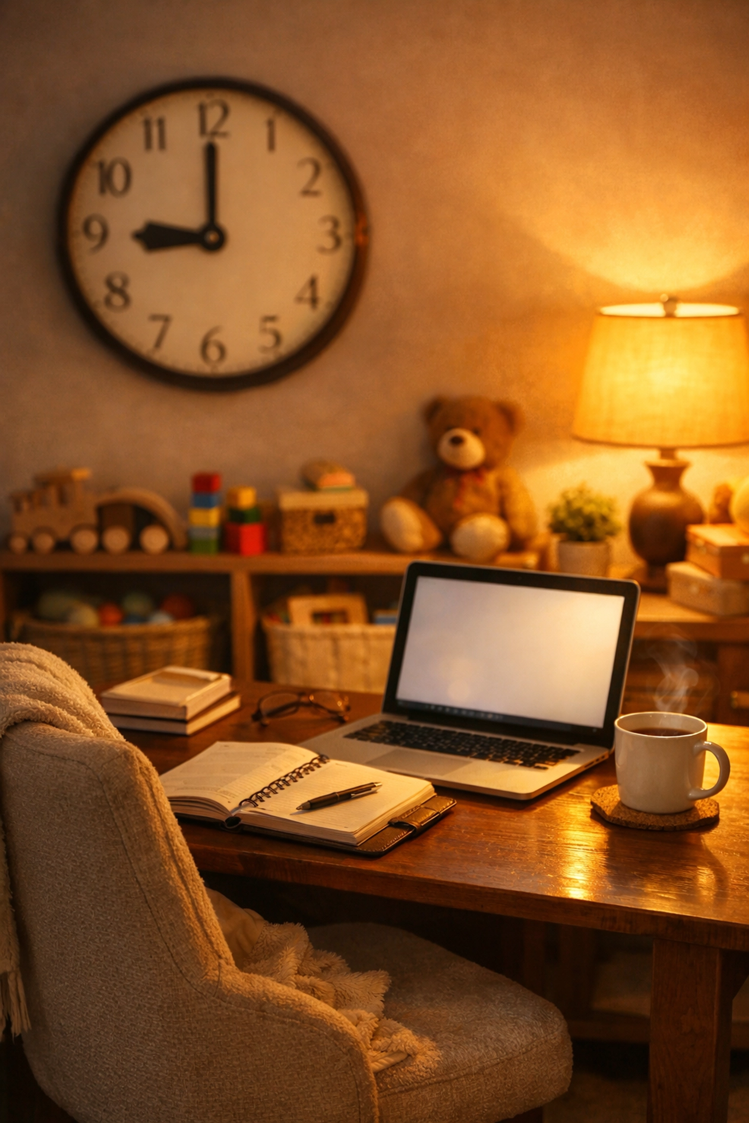 Evening home workspace showing flexible scheduling for stay-at-home parent travel advisor