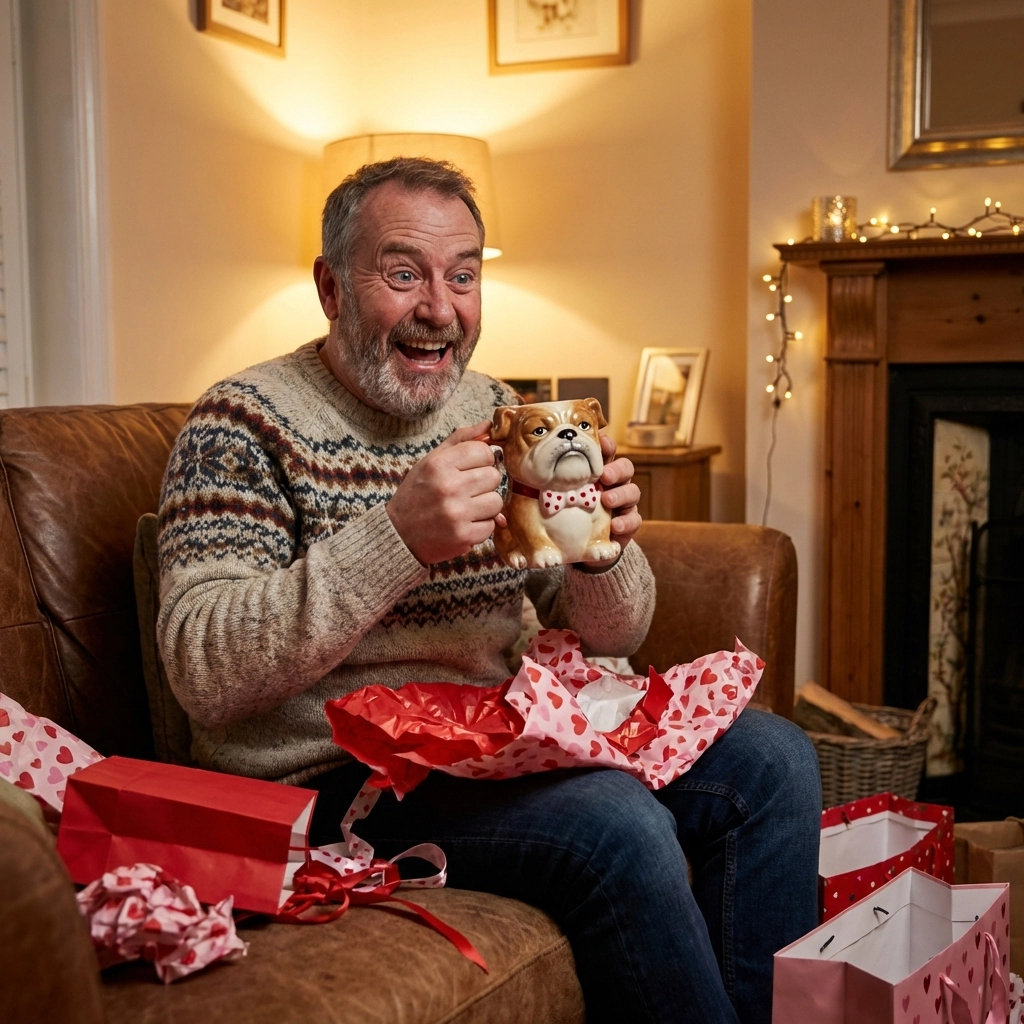 Middle-aged man laughing as he opens a funny valentine mug gift, showing humour and genuine joy on Valentine's Day