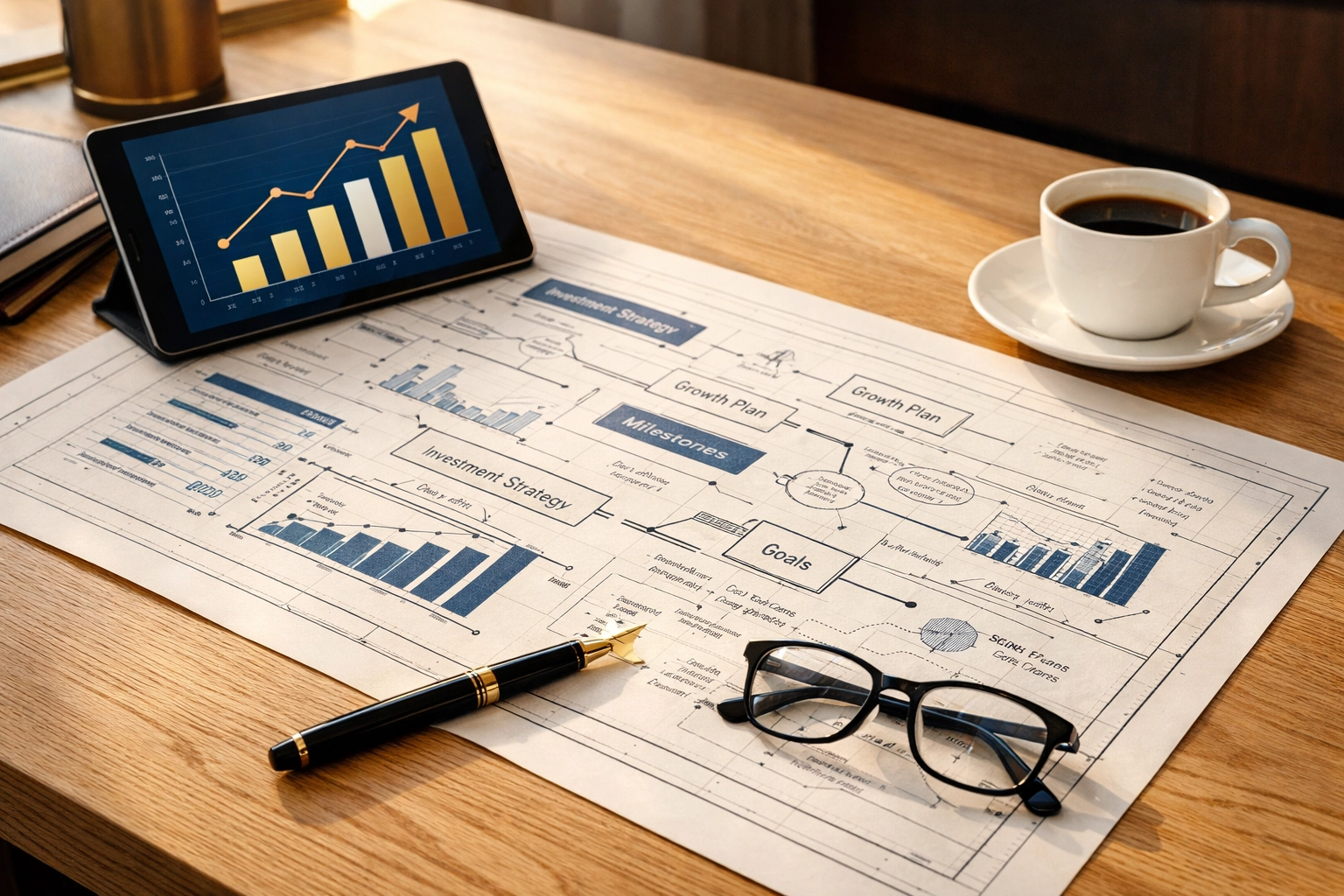 Strategic financial planning workspace with capital structure blueprint and growth charts