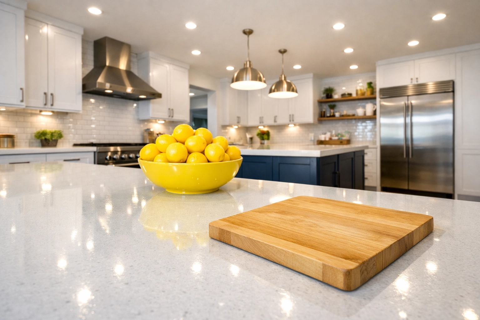 A sanitized, spotless modern kitchen with white quartz countertops and a clean wood cutting board.