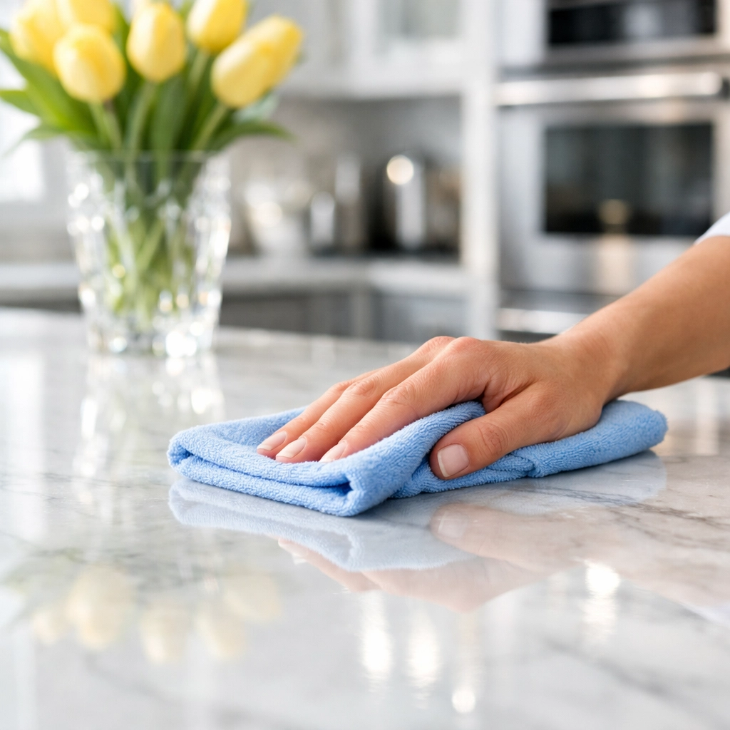 Professional luxury house cleaning of a marble countertop in a Natick, MA kitchen.