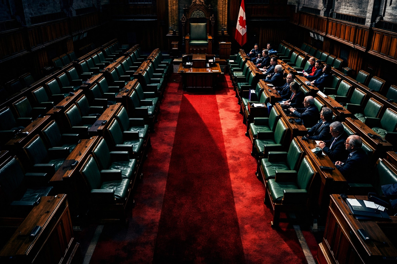 House of Commons chamber in Ottawa showing empty Conservative seats amid MP defections to Liberals