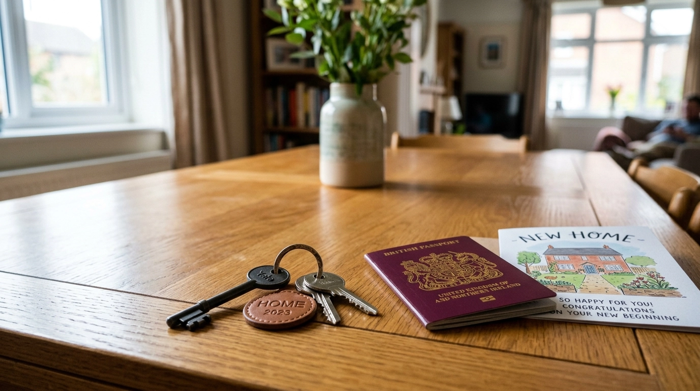House keys on a table next to a British passport and a 'New Home' card, symbolising success.