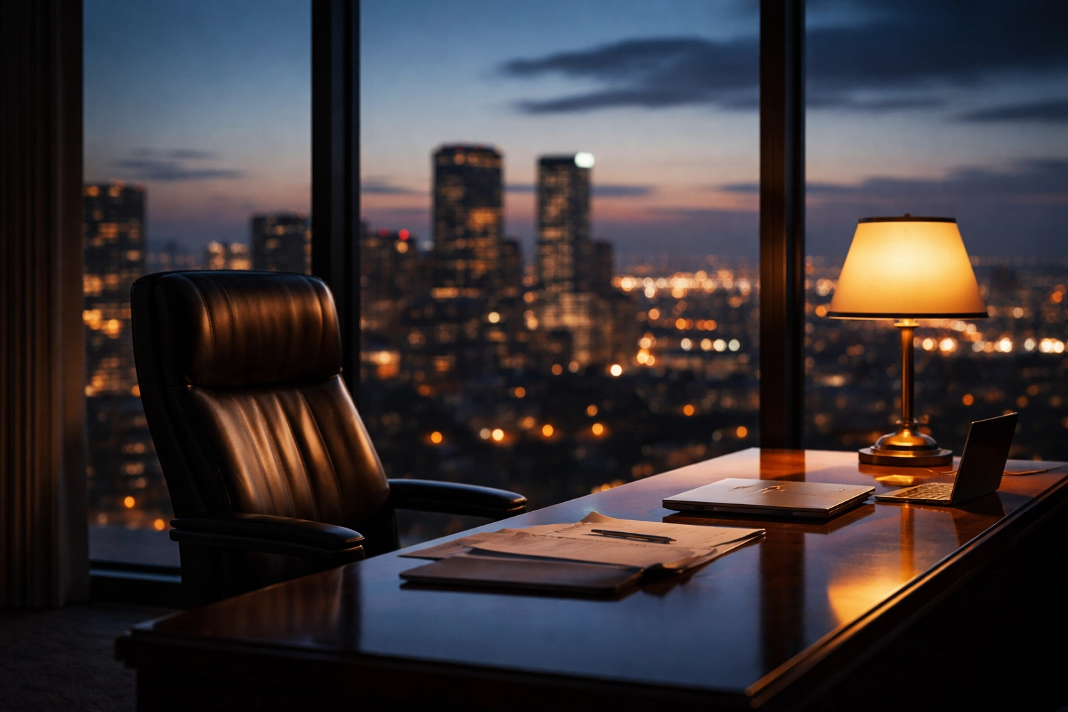 Executive office at dusk with empty chair and city view, symbolizing leadership transition and purpose recalibration after divorce