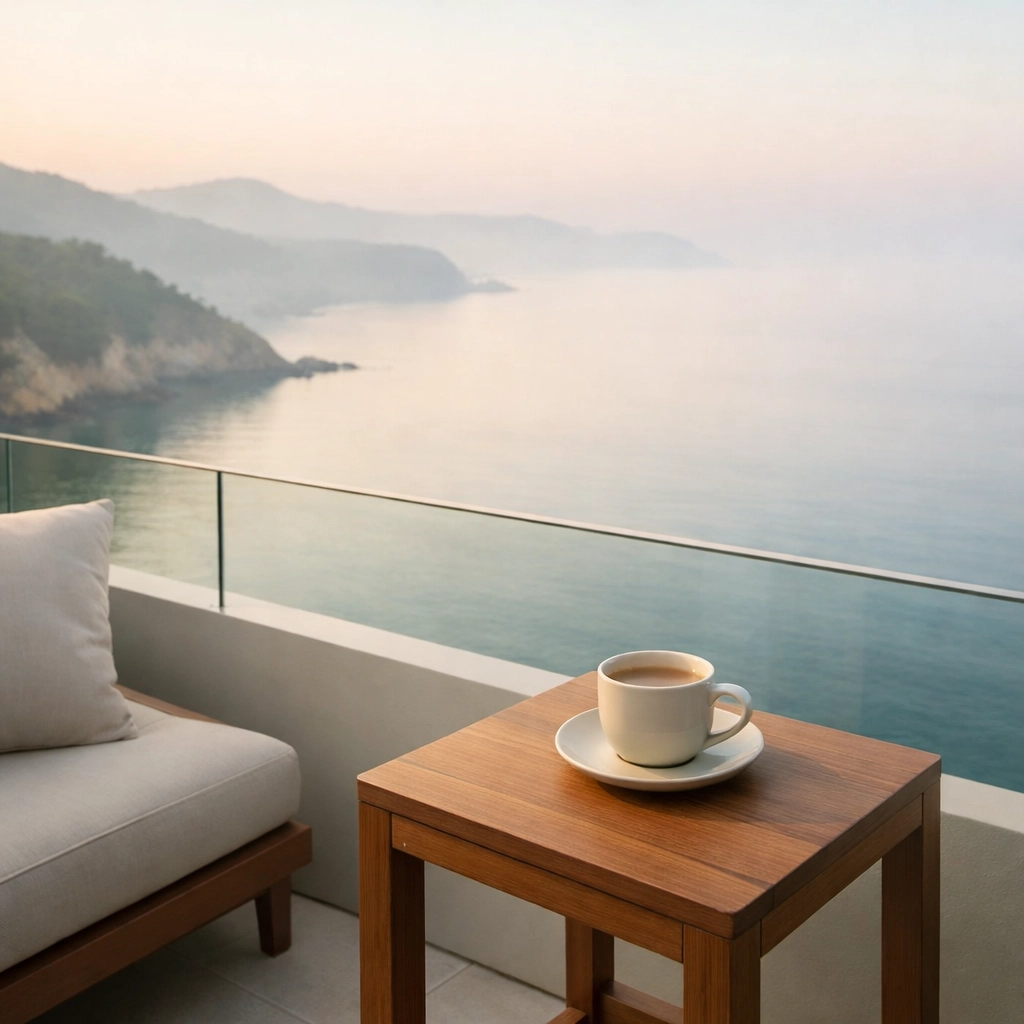 Minimalist luxury hotel balcony overlooking the coast, highlighting premium guest experience and profitability.