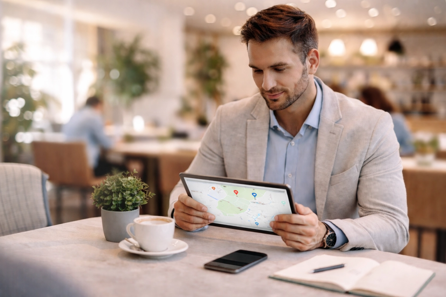 Podnikatel hodnotí Google recenze vlastní firmy na tabletu v kavárně, viditelné české klíčové fráze.