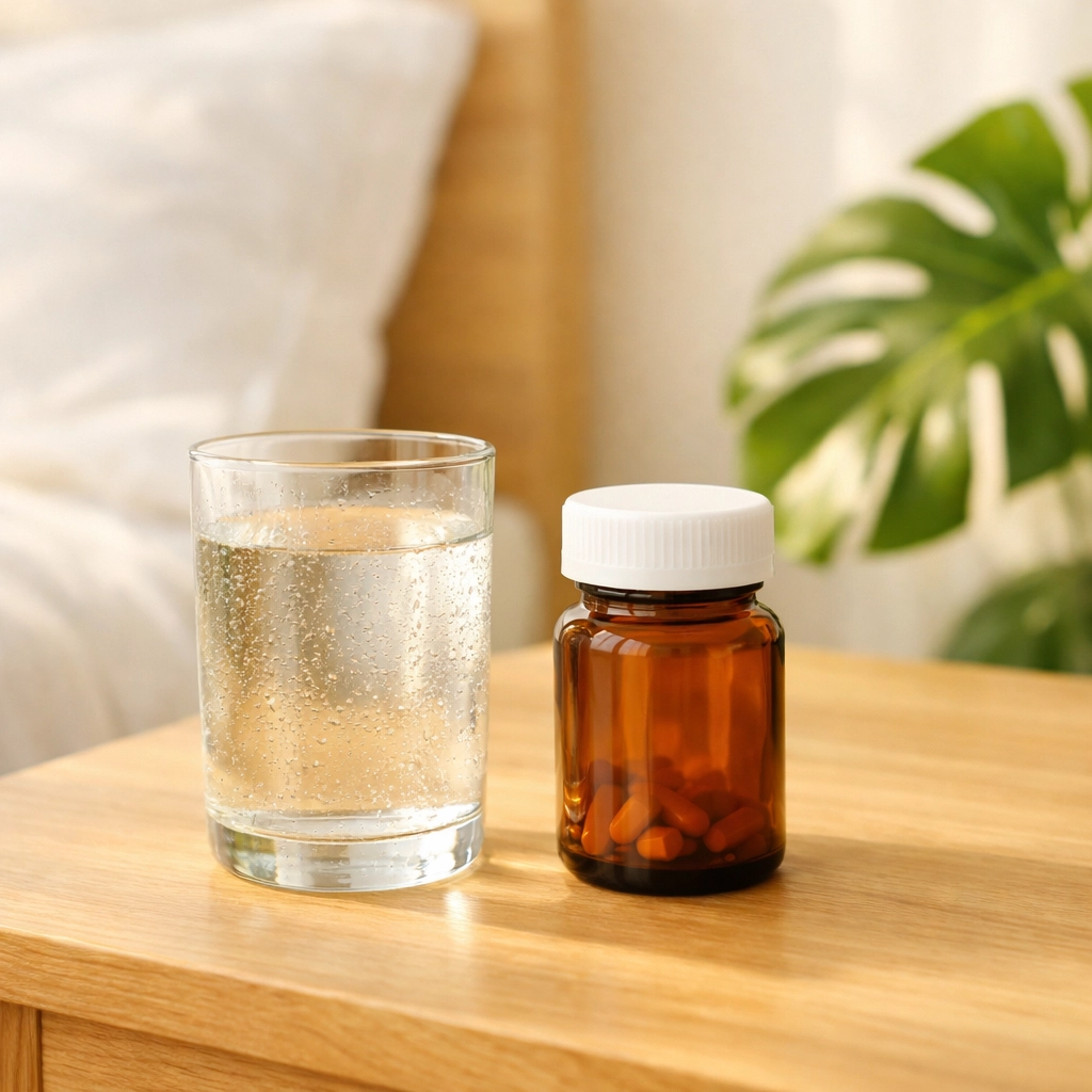 Oral weight loss medication bottle and water on a nightstand, representing accessible Wegovy alternatives.