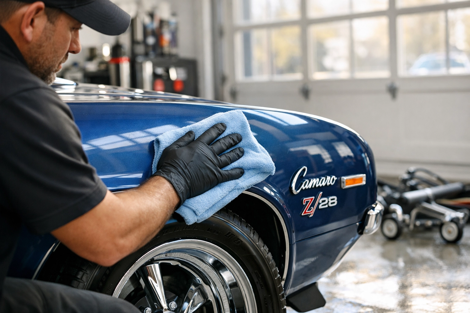 Professional detailing of a classic Camaro before entering long-term car storage in Farmington, CT.