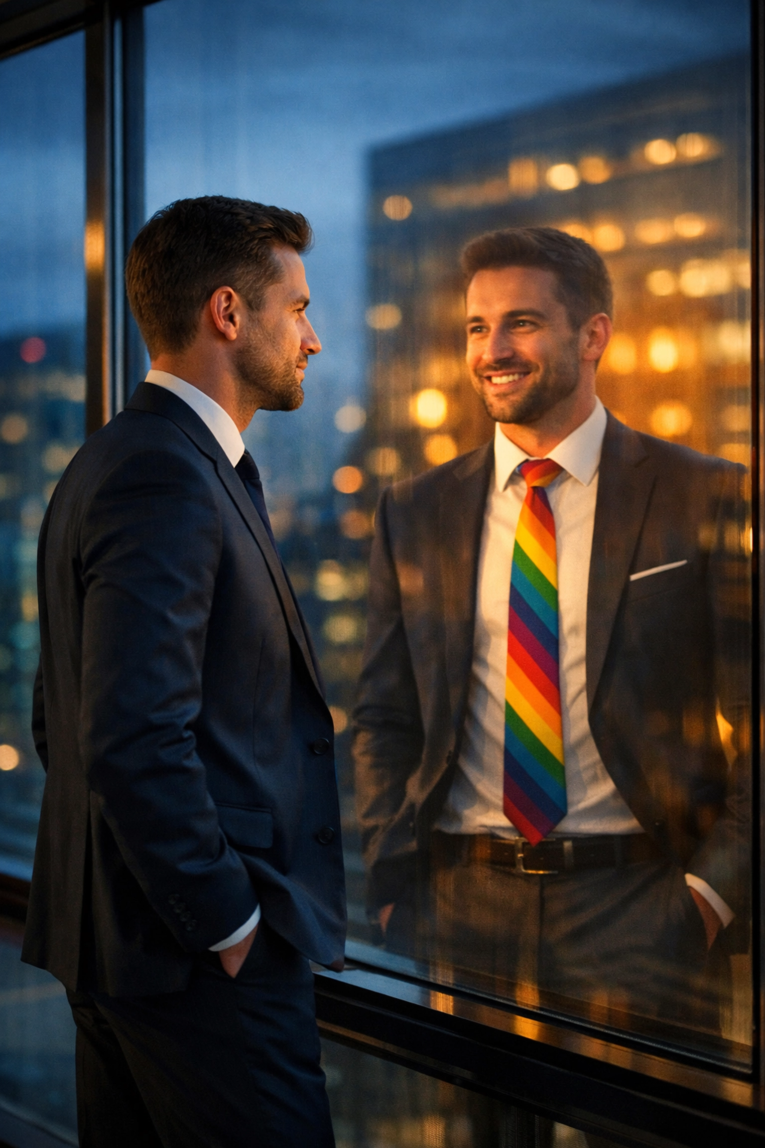 A gay professional man in a suit seeing his authentic self reflected in a corporate office window.