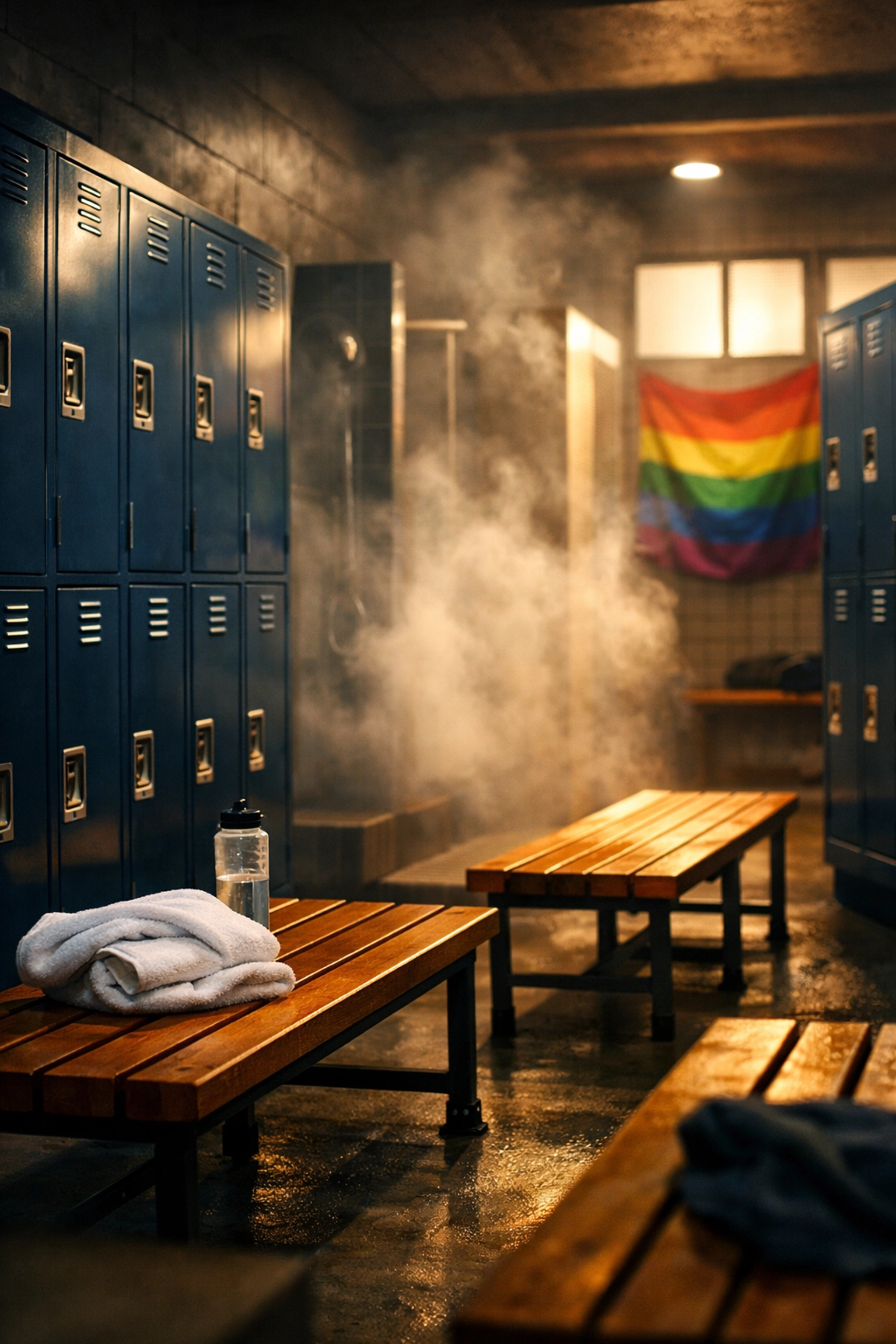 Modern gym locker room with steam and benches where gay romance begins