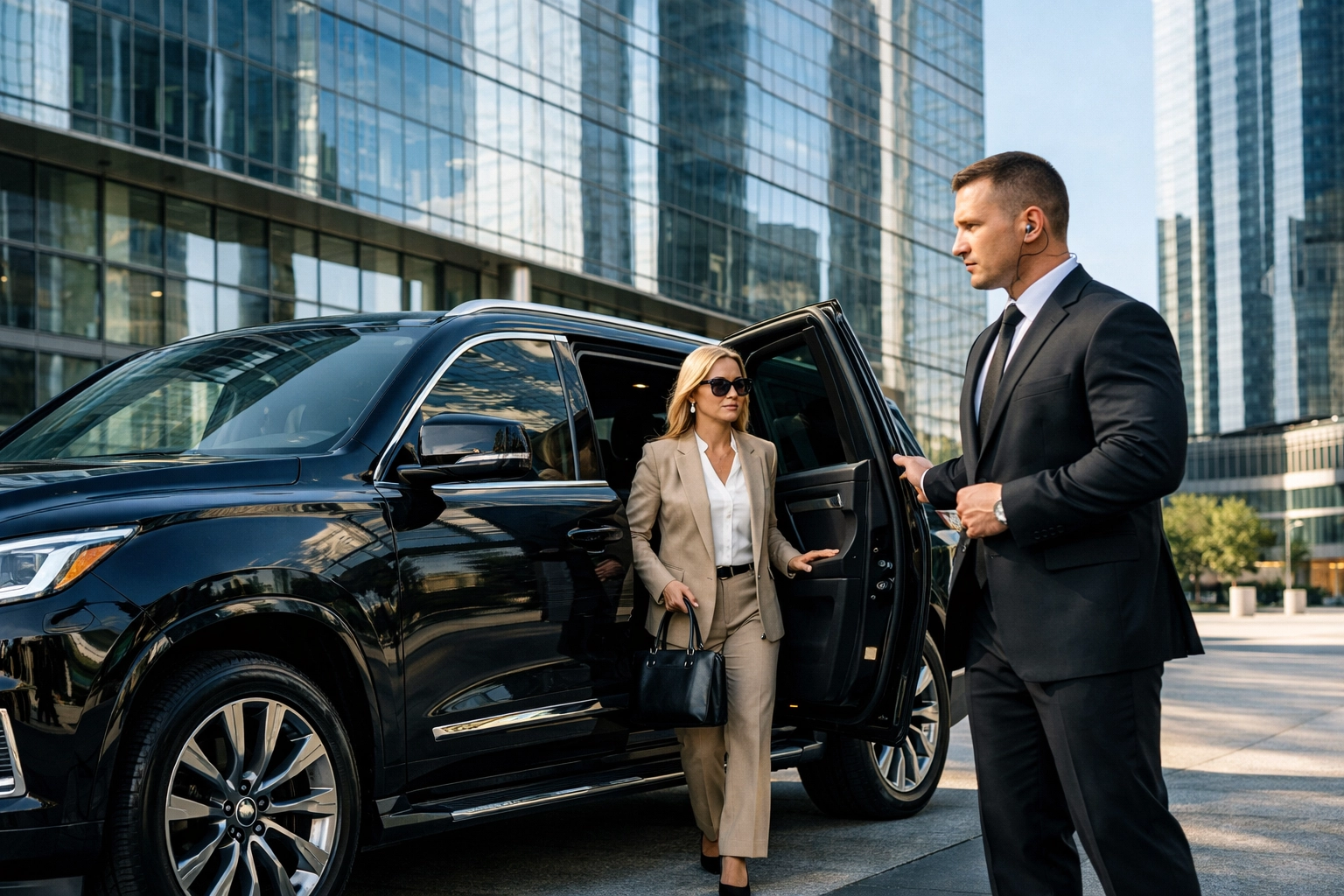 Professional security specialist assisting a VIP executive into a luxury SUV for Super Bowl corporate travel.