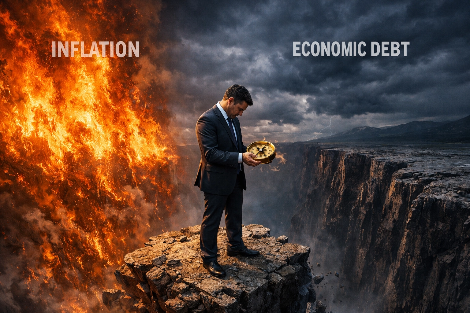 A man on a rocky island between fire and a canyon, representing the Fed's dilemma between inflation and national debt.