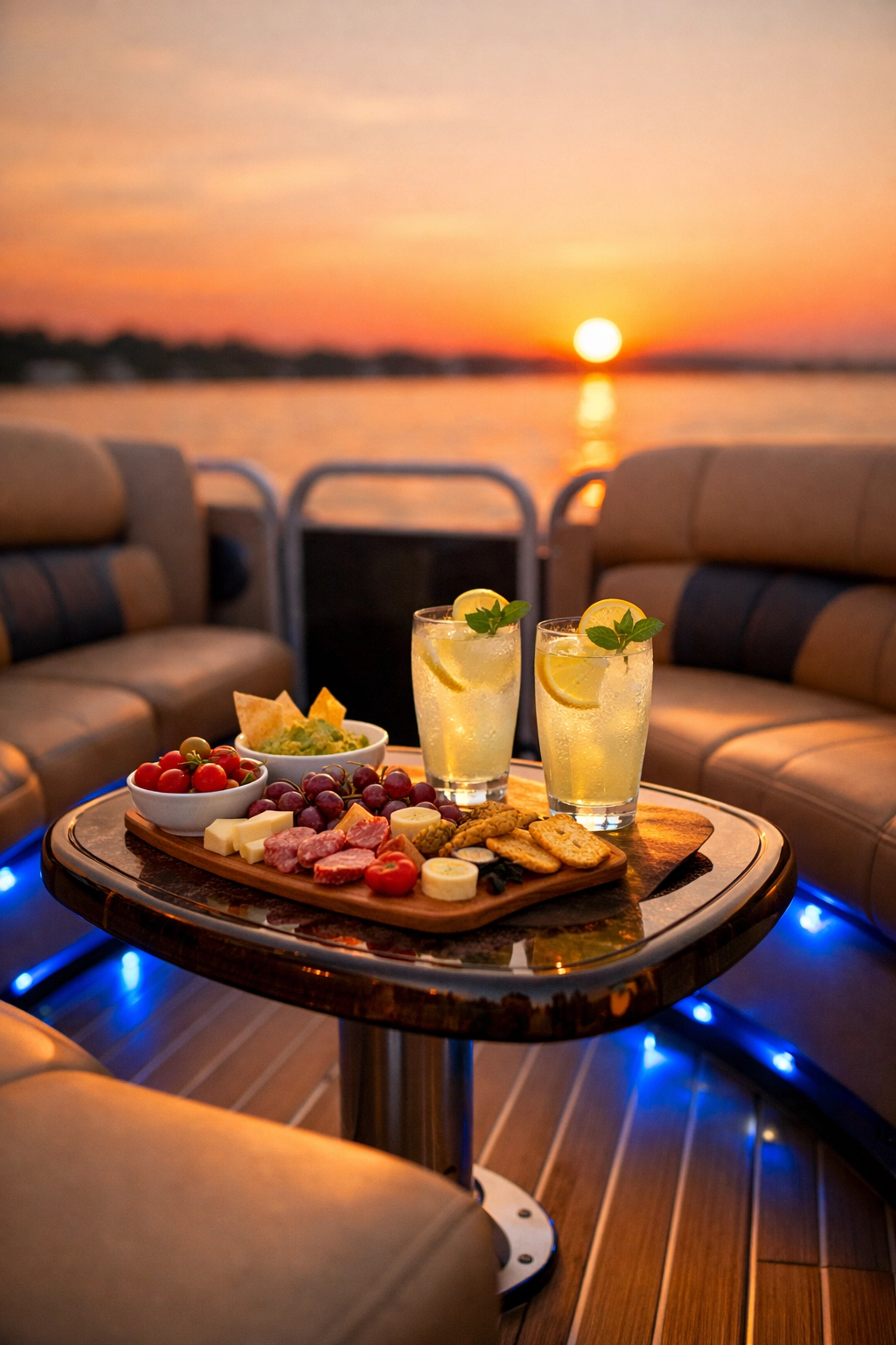 Luxury pontoon boat deck at sunset with plush seating and custom LED lighting accessories.