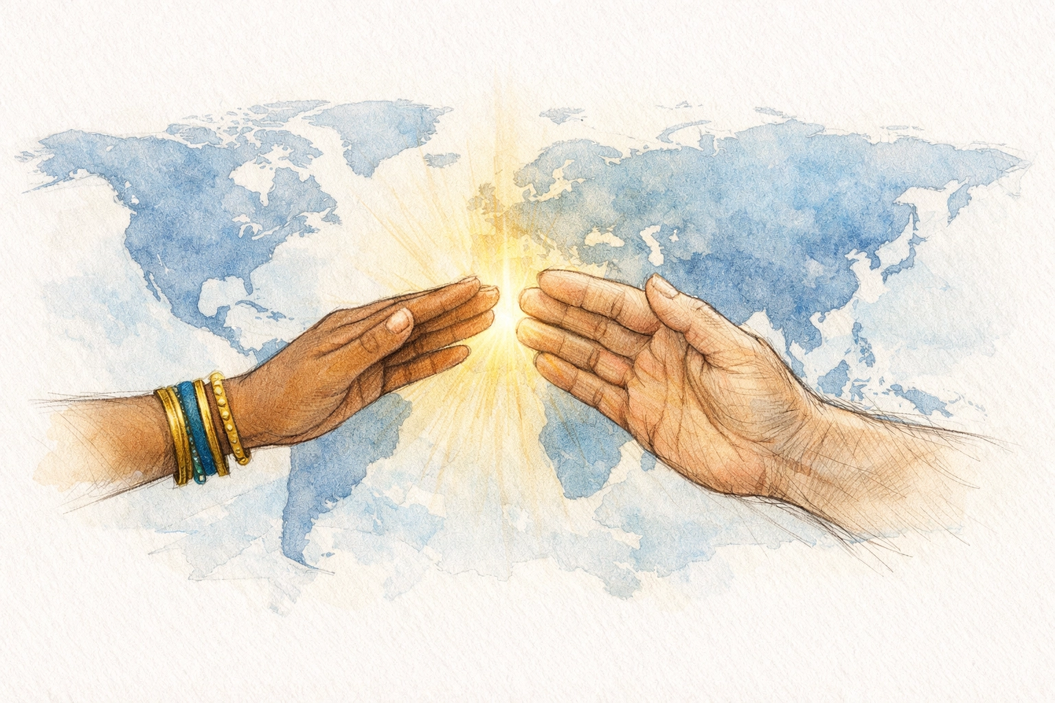 Hands reaching in prayer and friendship across global boundaries symbolizing church unity