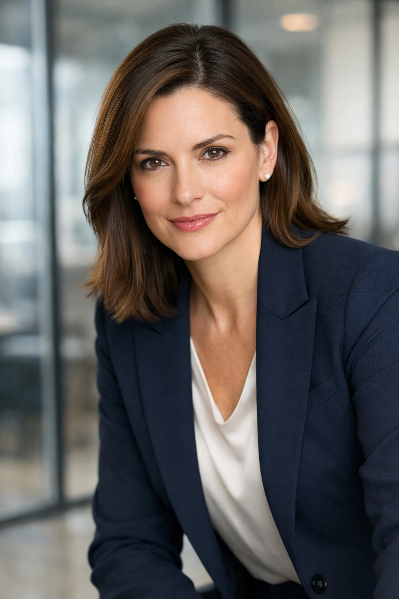 Professional woman demonstrating a confident lean-in pose for a corporate headshot.