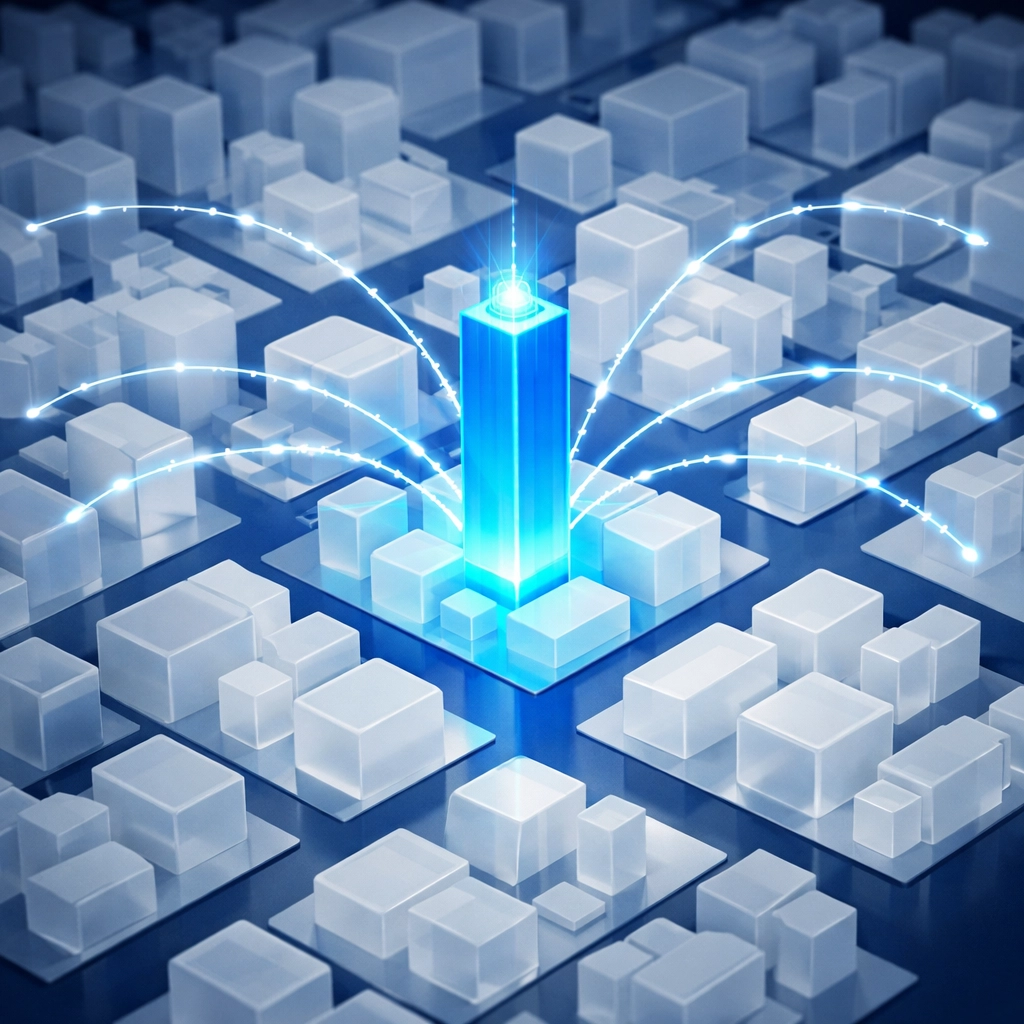 A glowing digital beacon over a city map symbolizing dominant local search presence through automation.