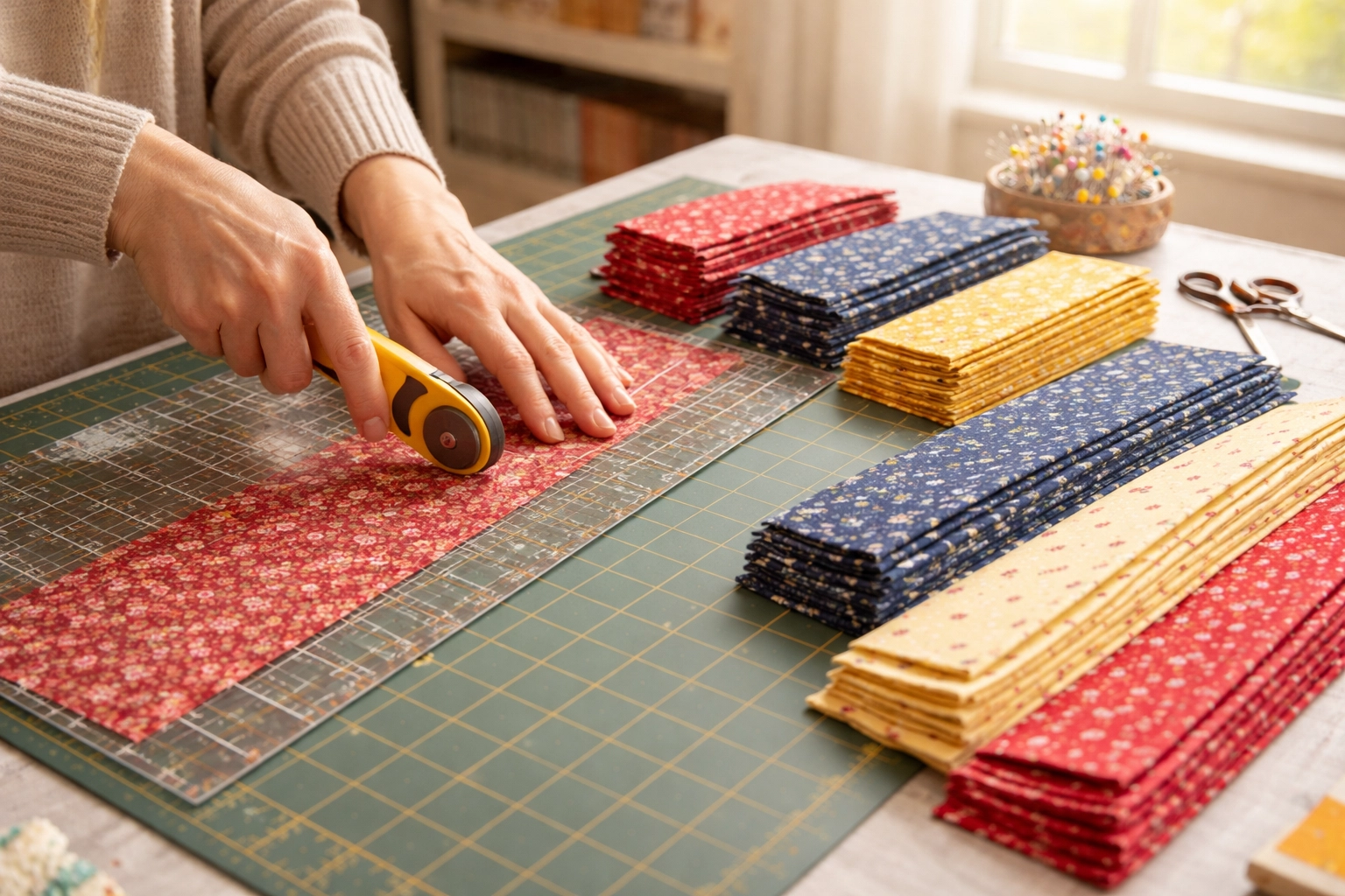 Hands effortlessly cutting fabric strips with a Stripology ruler, showing comfort and consistent quilting results