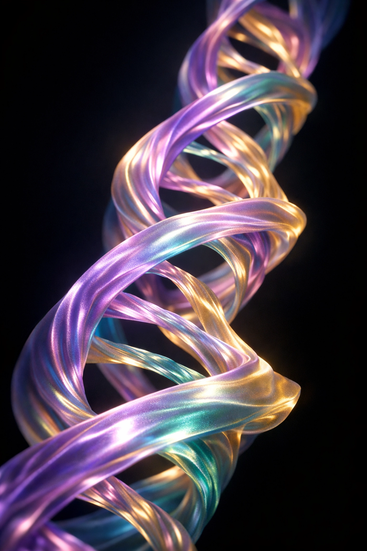Iridescent DNA helix symbolizing the fluid science of gender and biological diversity in the queer community.