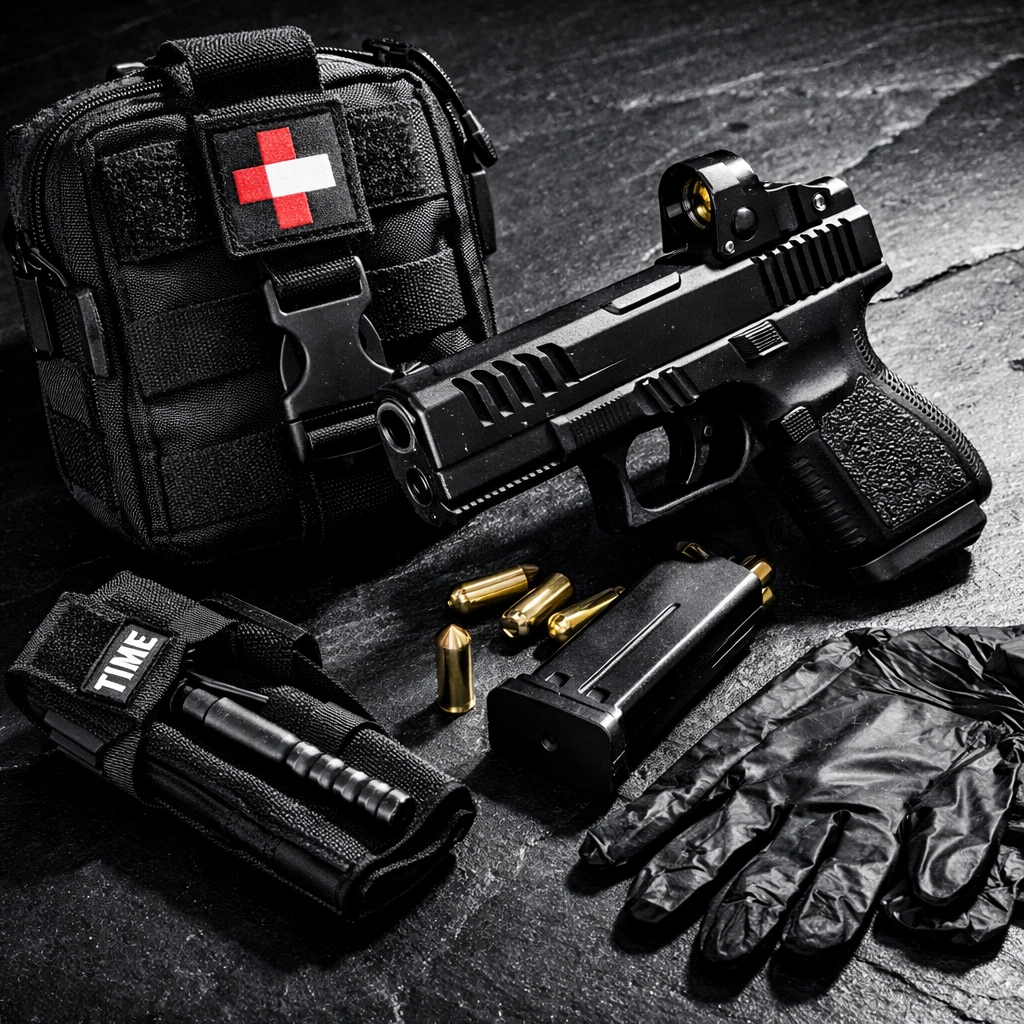 Tactical medical gear and a handgun for Citizen First Responder and NYS concealed carry training.