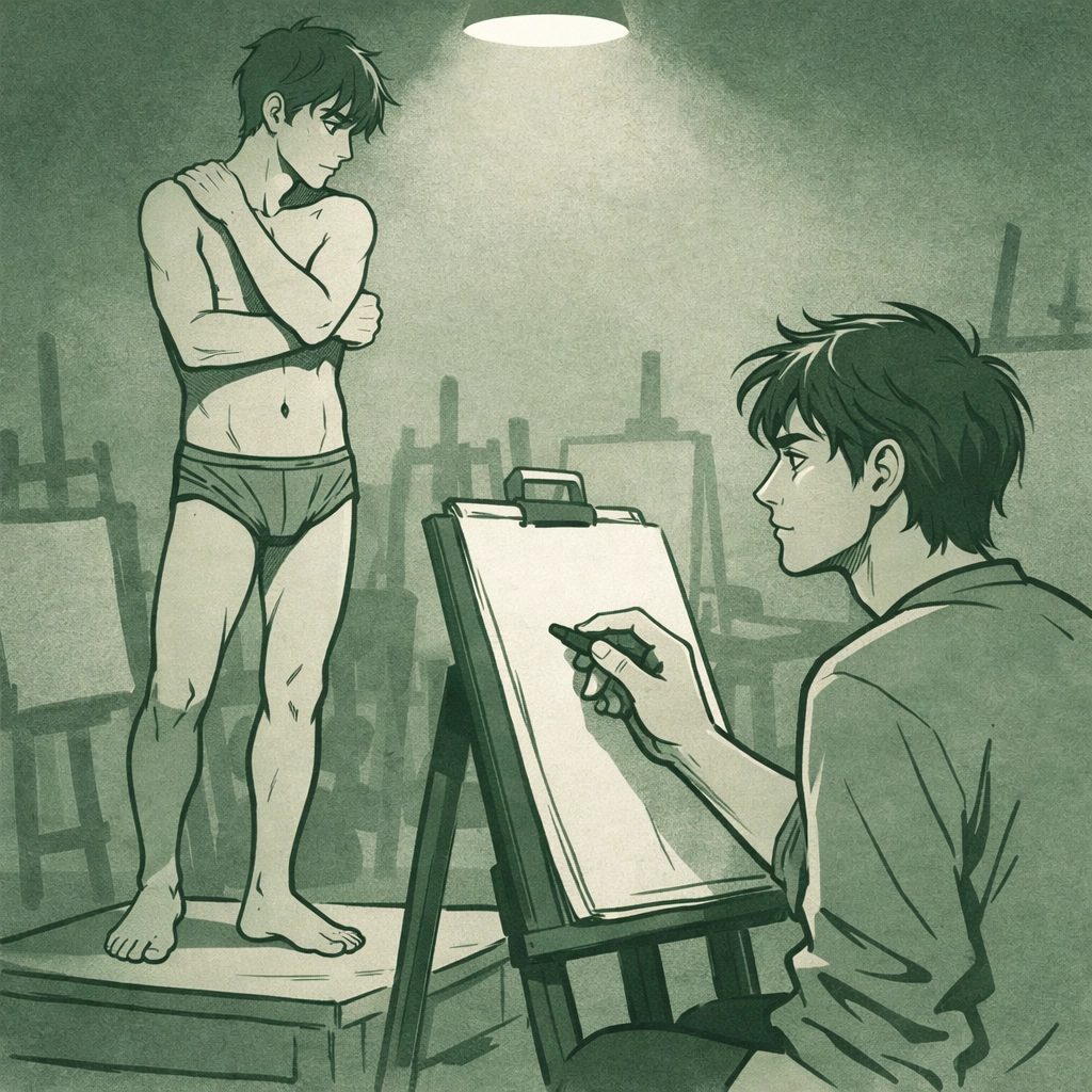 Male artist and model share intense gaze during late-night art studio session - MM romance illustration