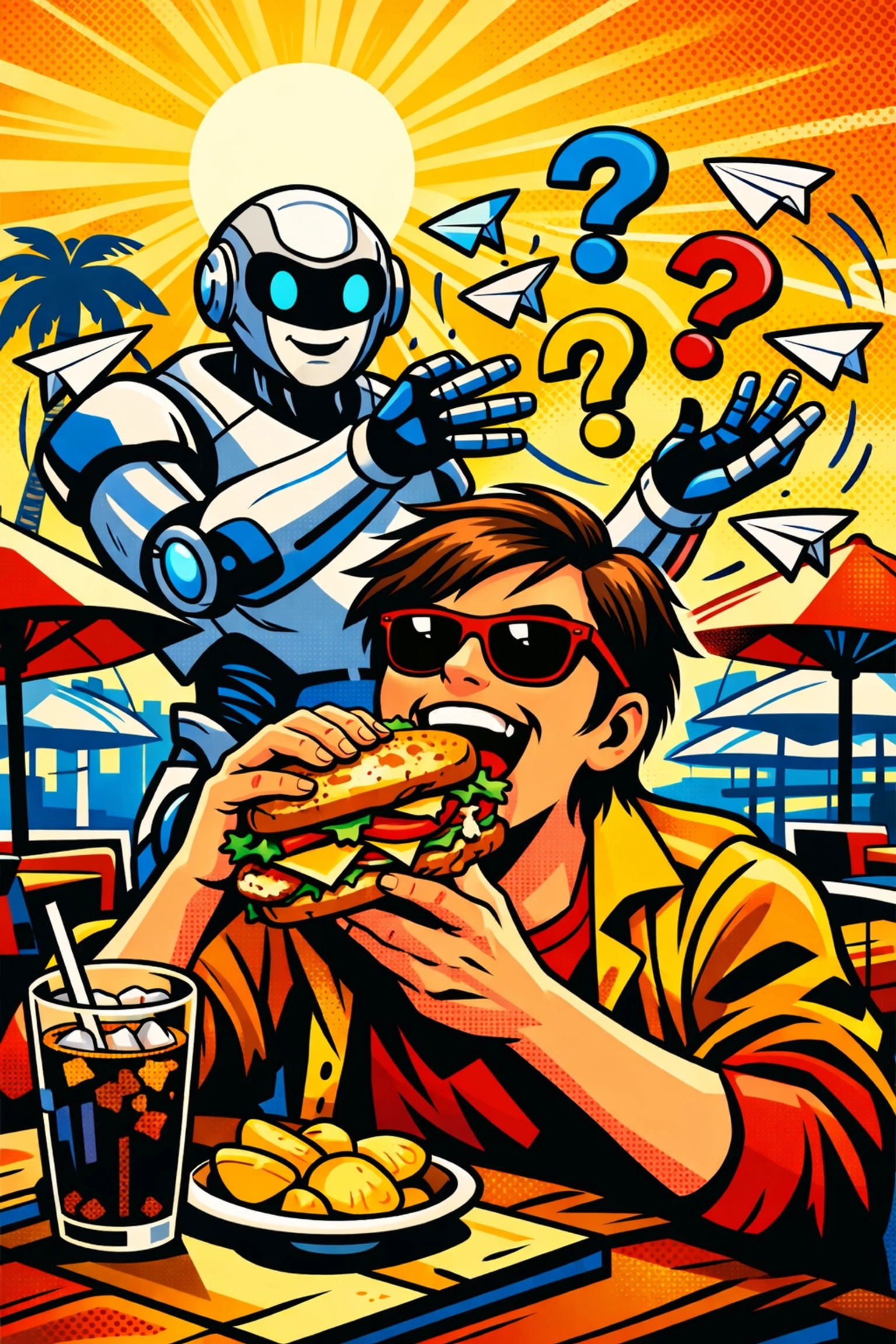 Business owner eating lunch while an AI virtual assistant manages customer questions and support requests.