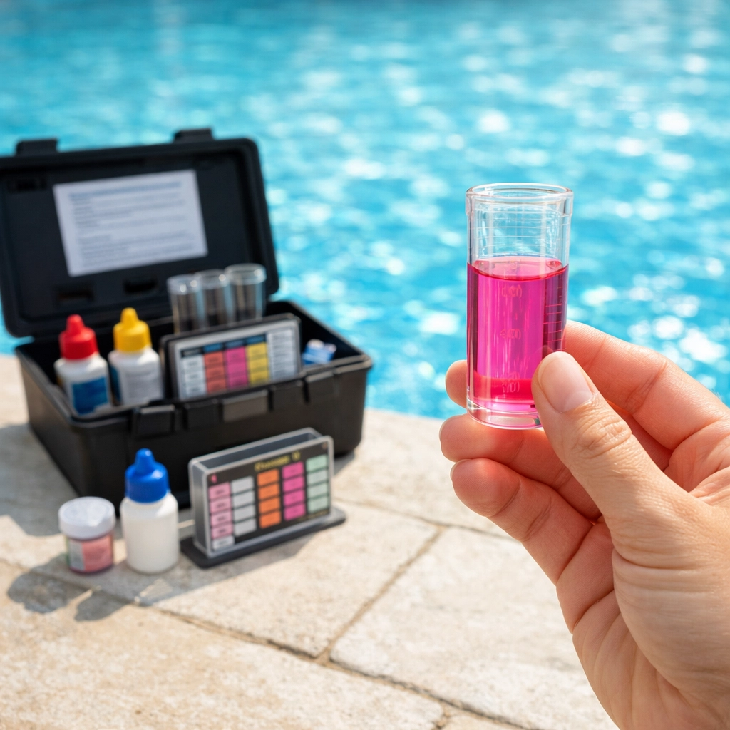 Professional pool water testing kit and vial used for expert pool maintenance service.