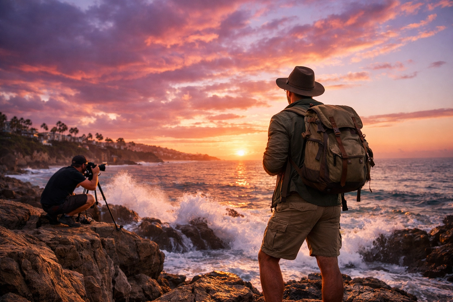 A professional photographer capturing a traveler at sunset at a Laguna Beach photography location.