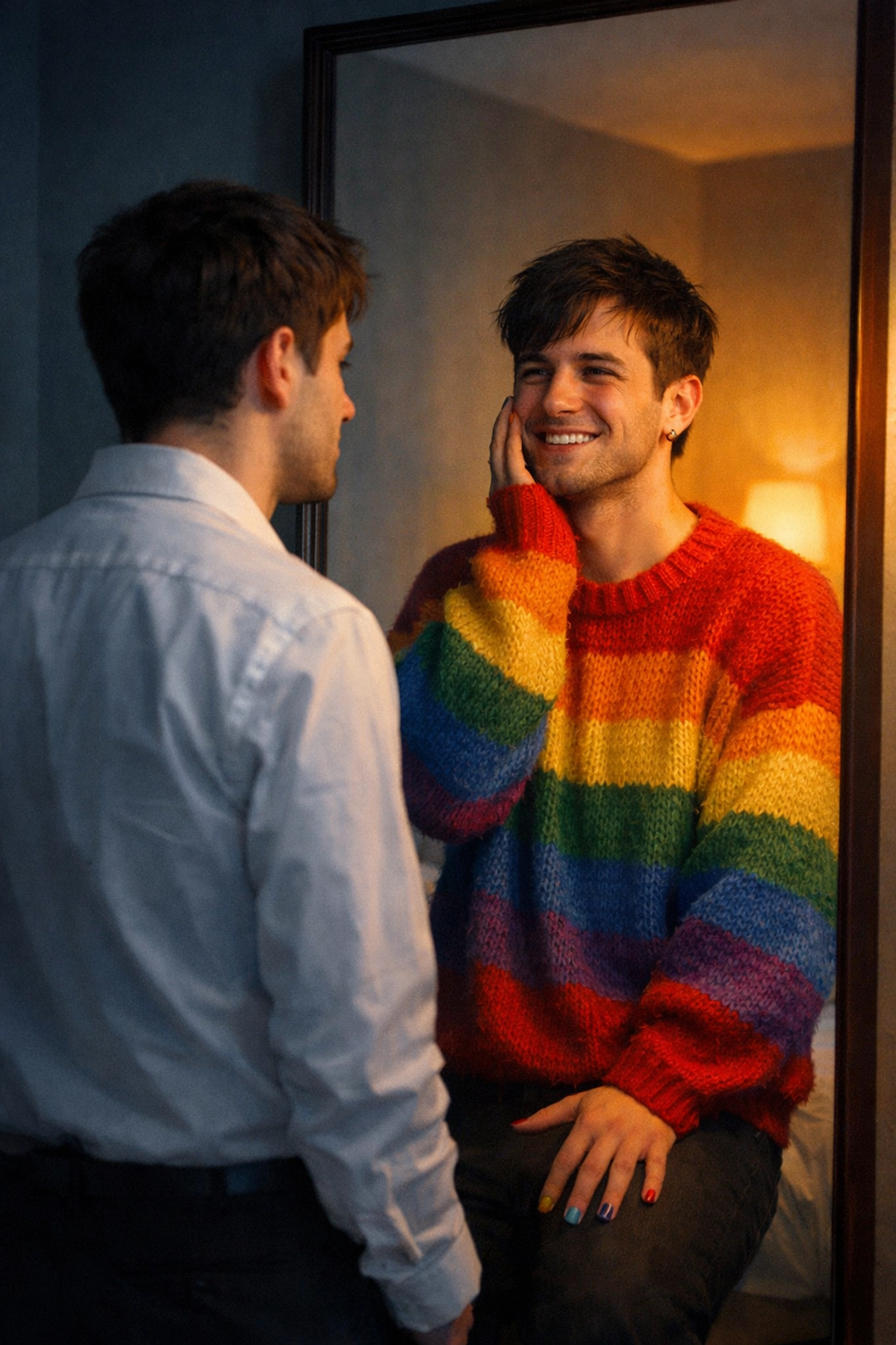 A queer man reflects on neurotypical masking, seeing his vibrant, authentic self in a bedroom mirror.