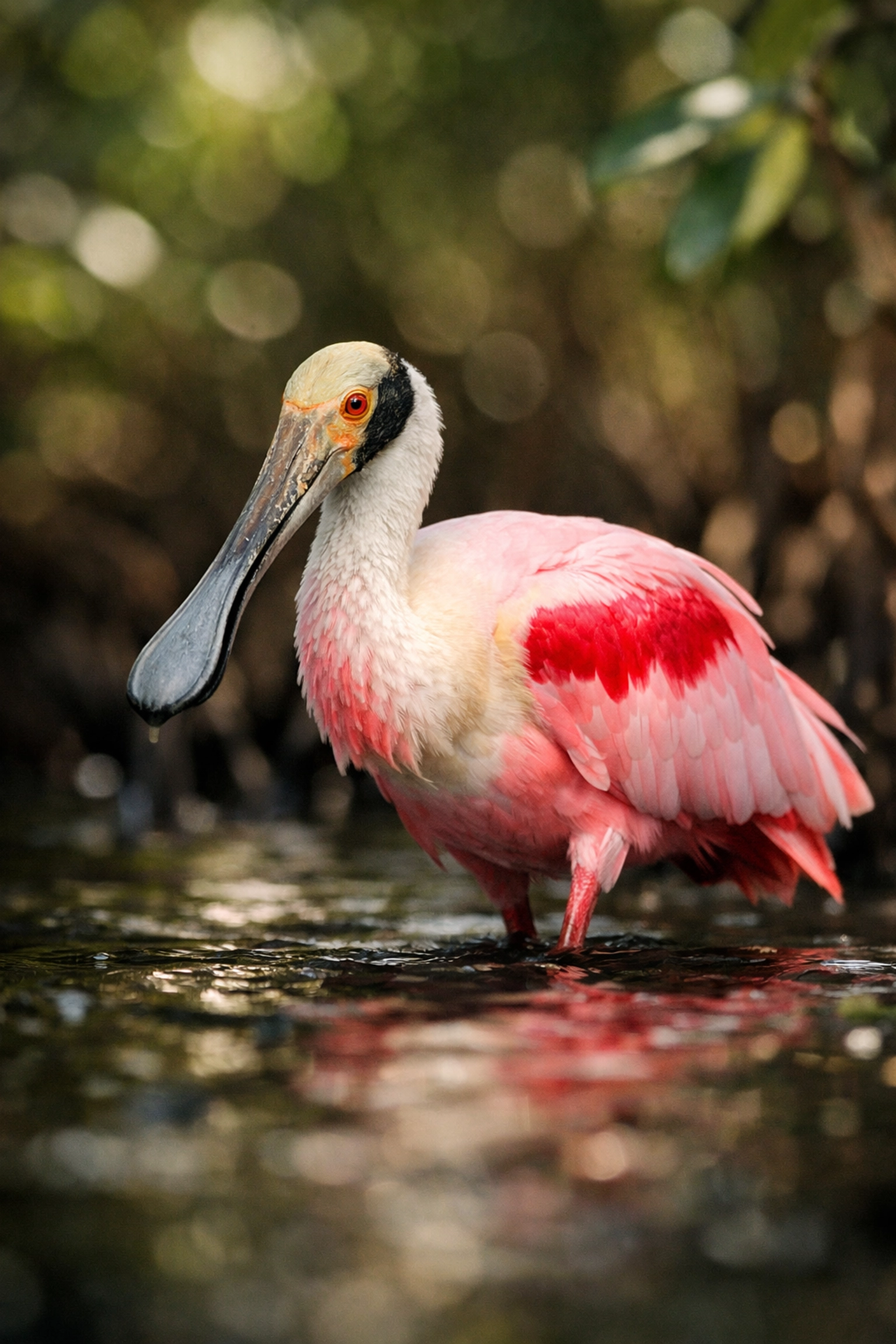 Pink Roseate Spoonbill wading in the Everglades, showing high-end wildlife photography lighting.