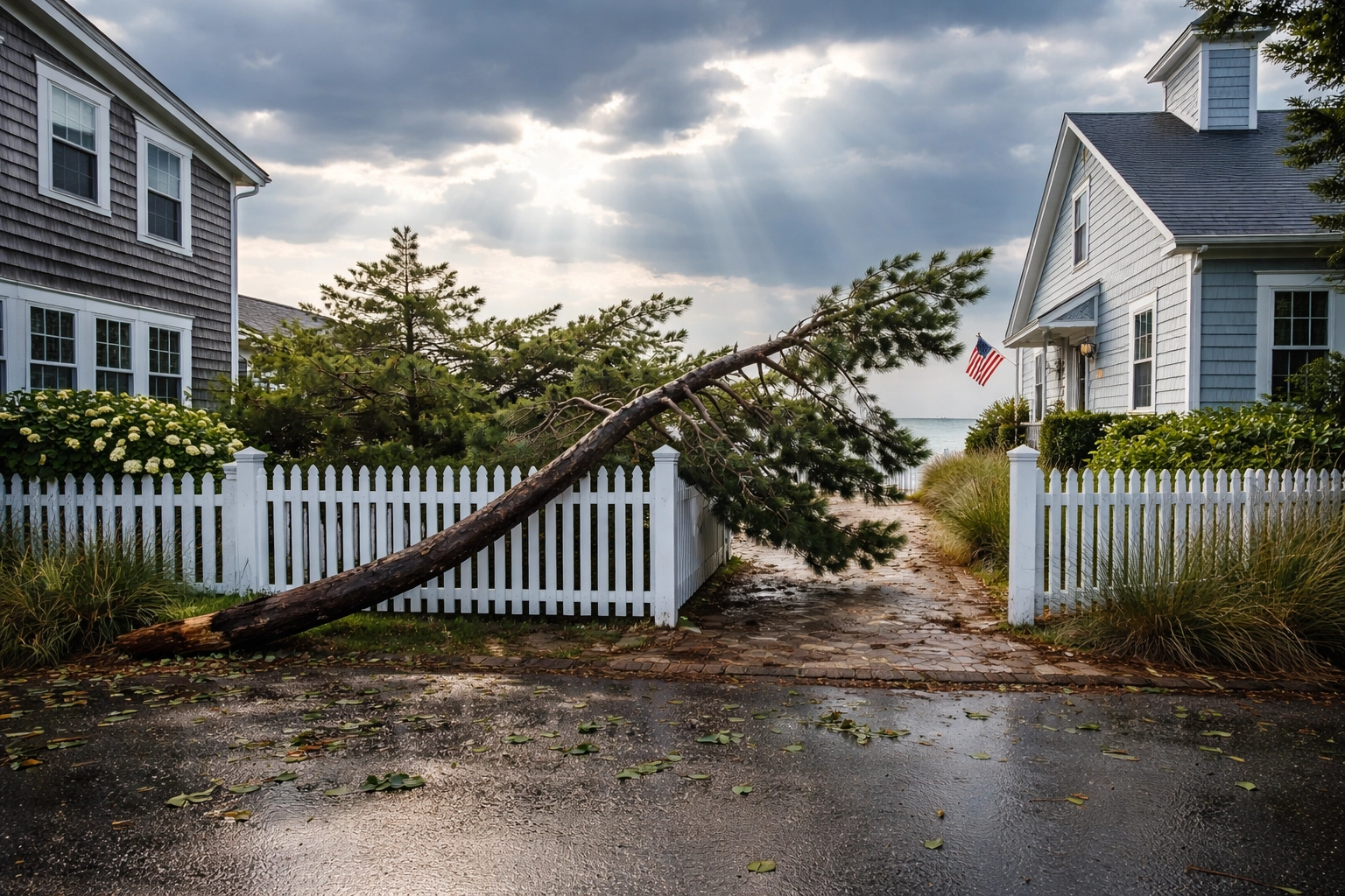 Coastal Cape Cod neighborhood after a storm, showcasing home liability risks from weather damage.