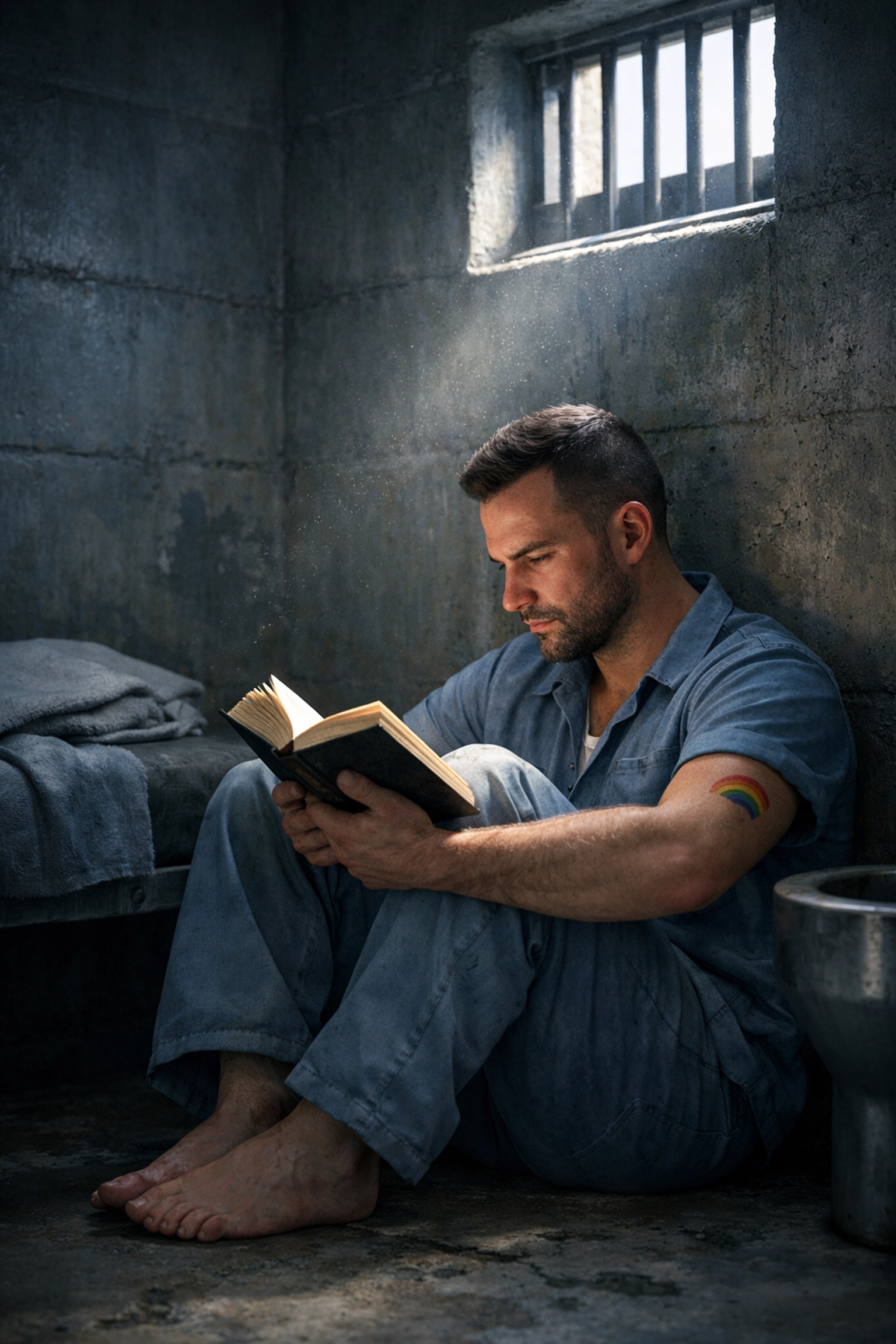 Gay man reading book alone in prison cell finding solace and mental escape through literature