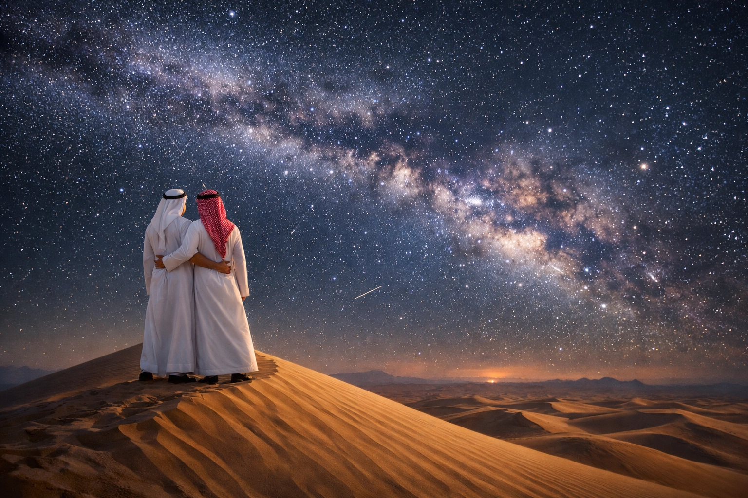 Romantic MM romance scene of two Arab men standing on a desert dune under a starry night sky.