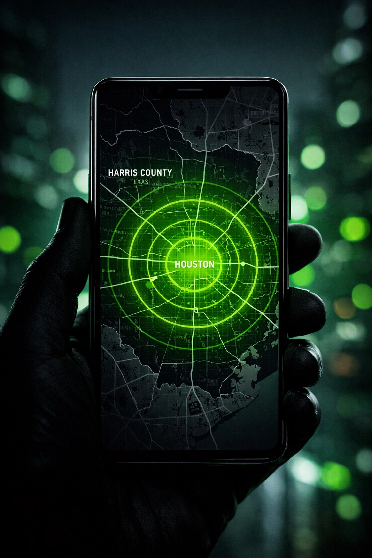 Mobile smartphone map displaying GPS proximity for Houston towing services near me.