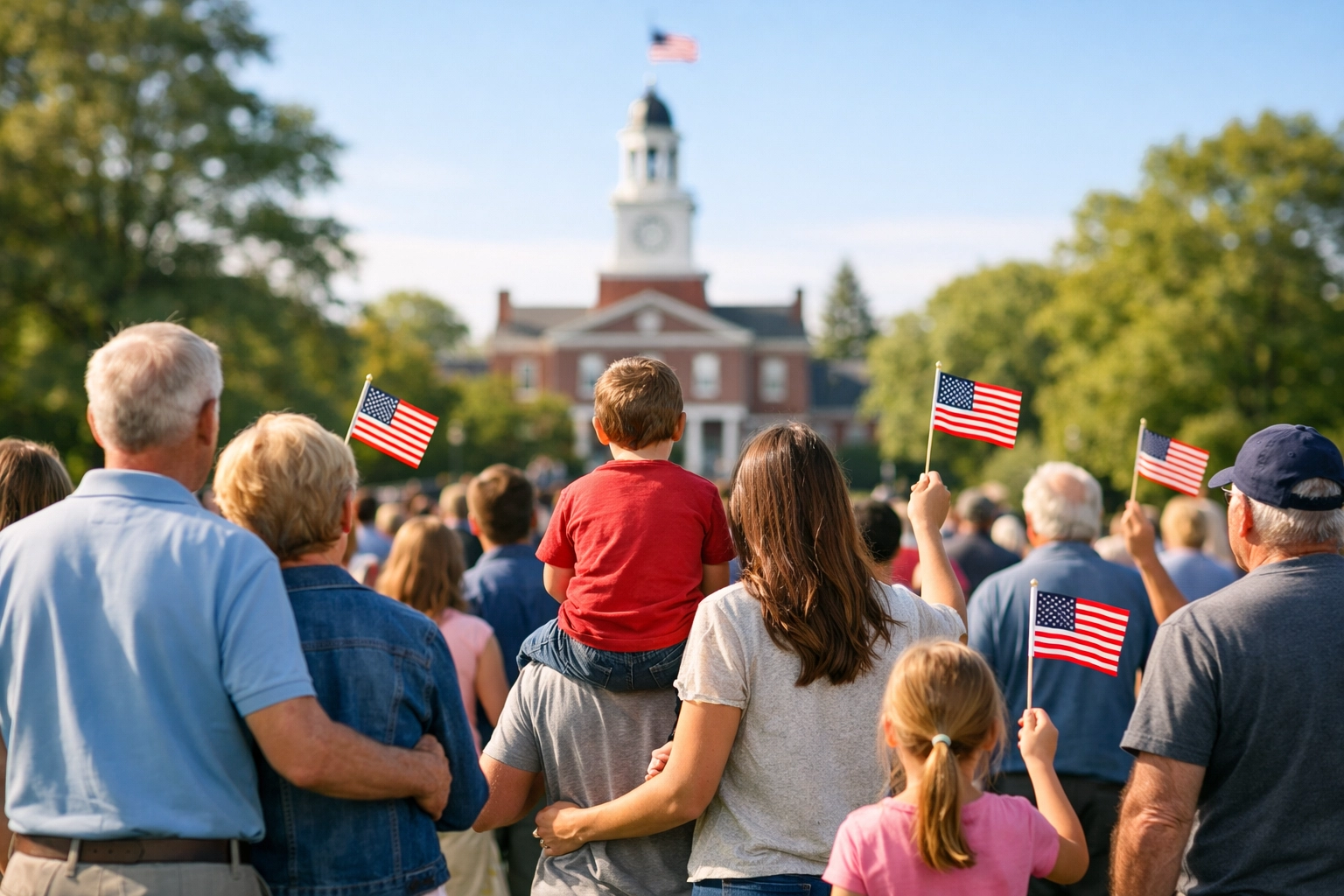 Patriotic community gathering in a park with American flags celebrating America