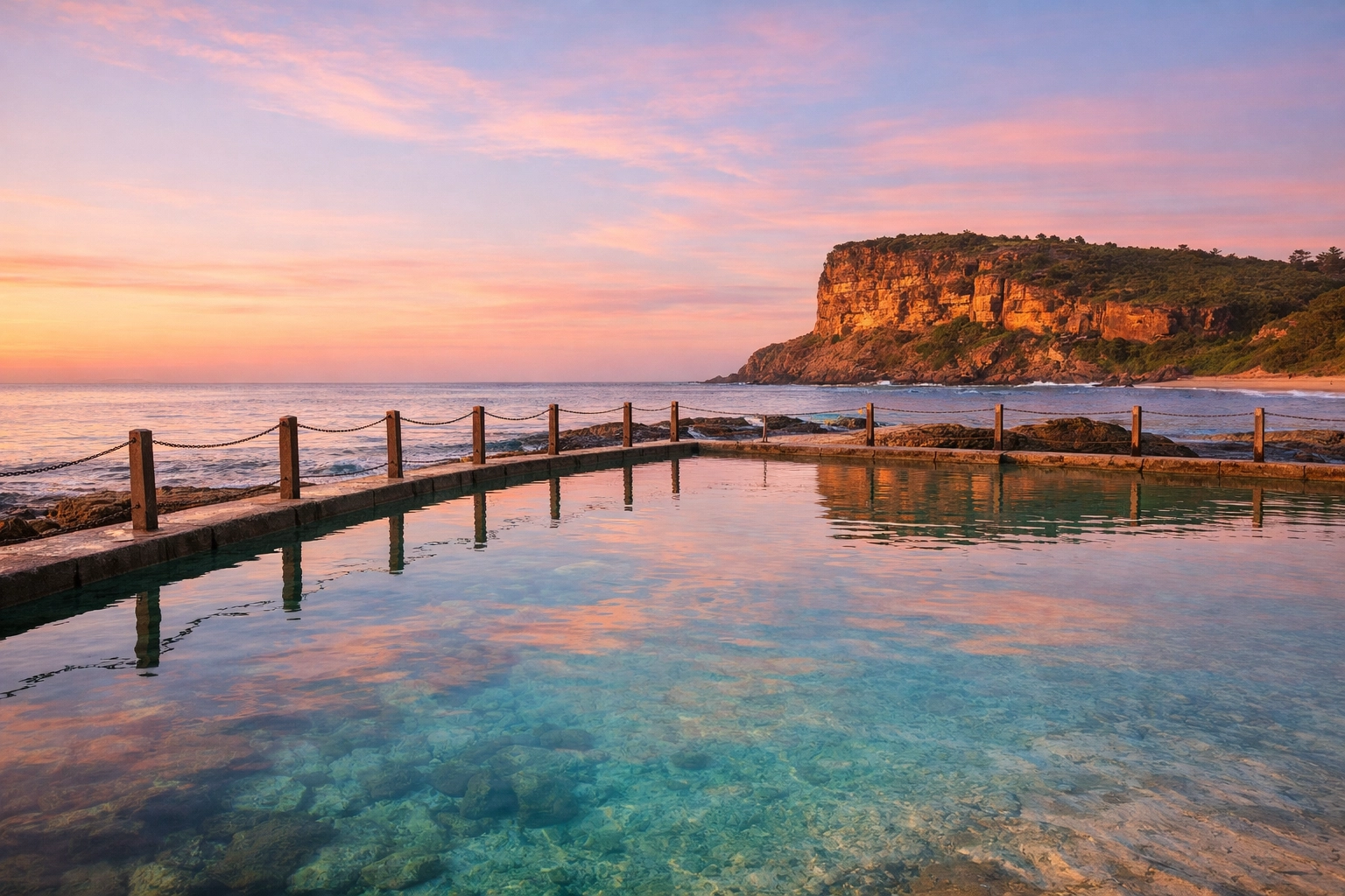 The tranquil Avalon rock pool at dawn, a serene location for a Northern Beaches maternity photography session.