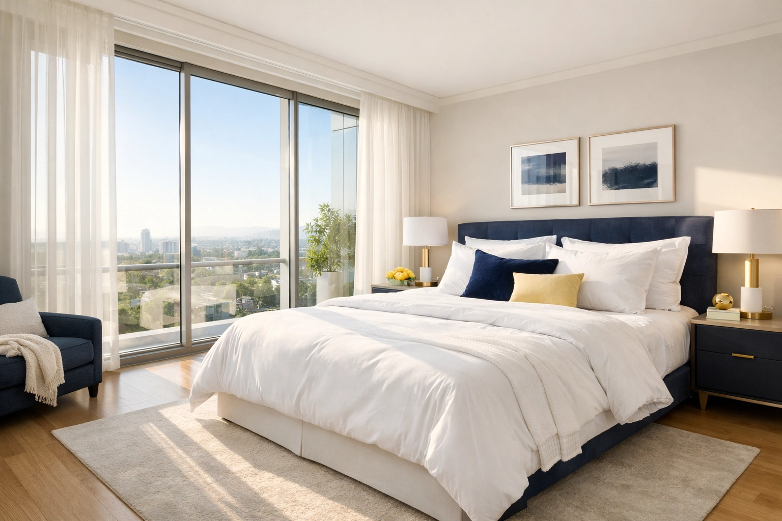 A sun-drenched, pristine master bedroom showing a clean sleep sanctuary for bi weekly house cleaning.