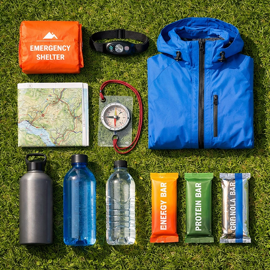 Essential wild camping gear including tent, first aid kit, map, and waterproofs laid out on grass