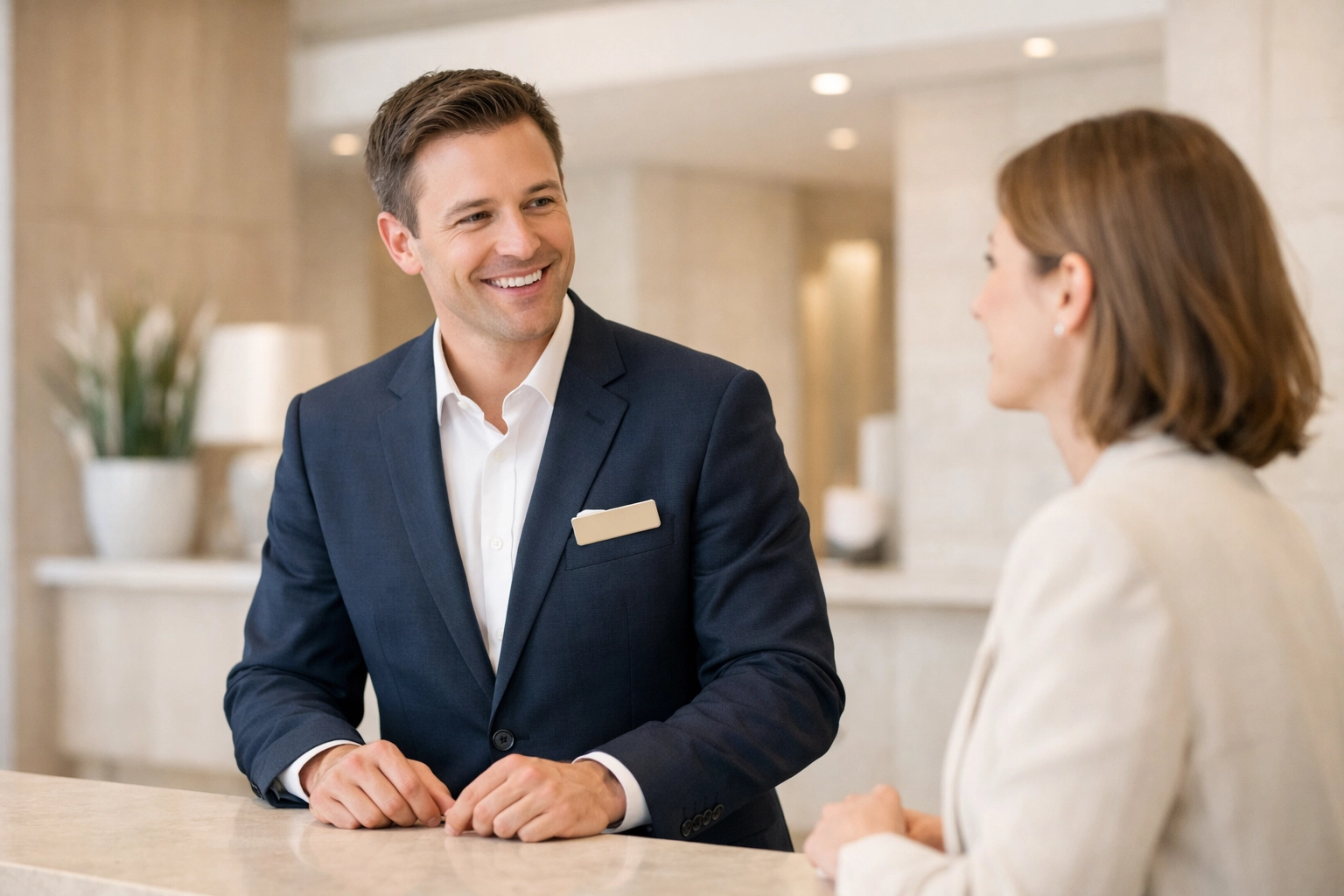 Hotel staff focusing on guest experience in a lobby while AI automation handles reservations.